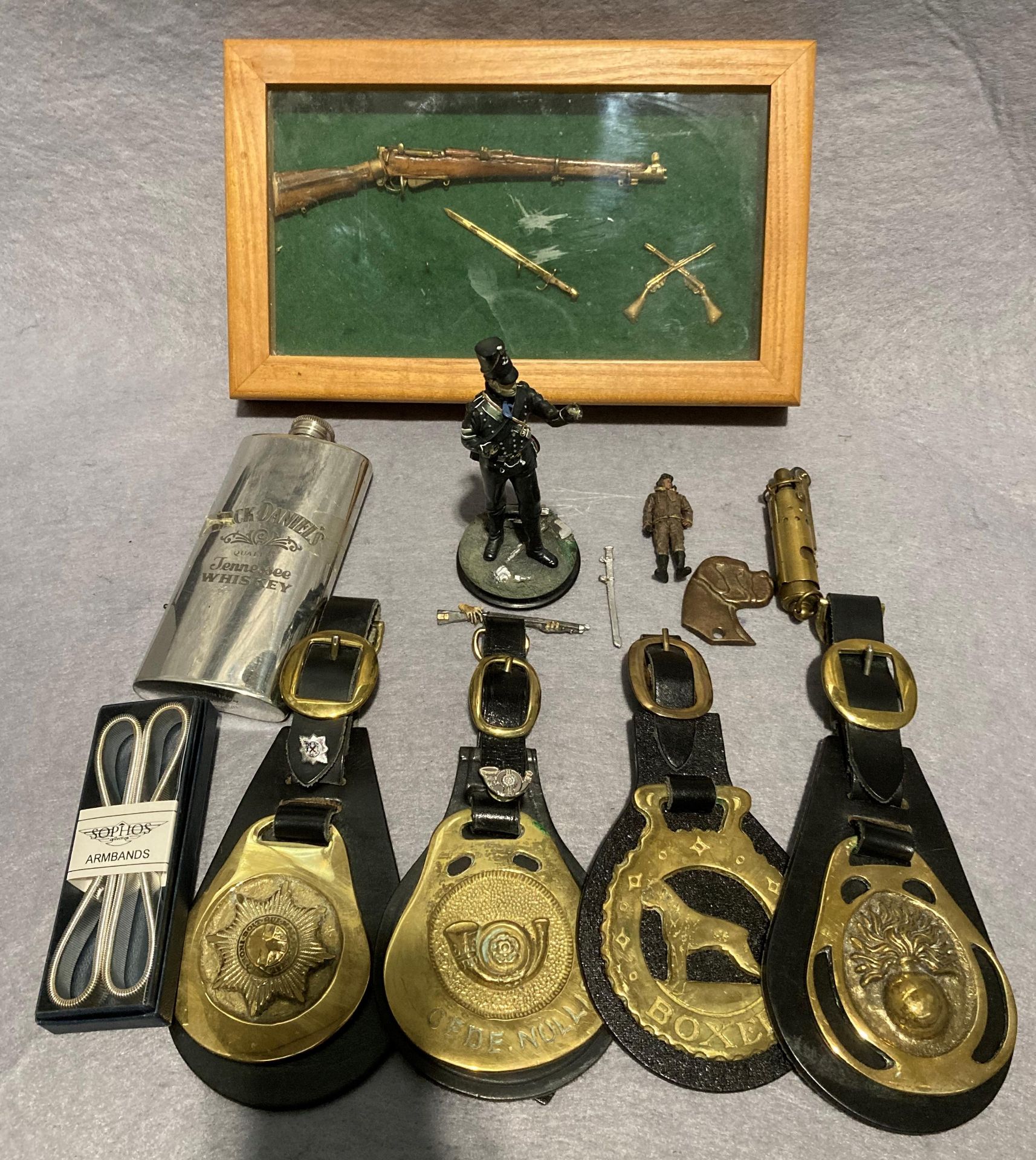 Contents to box including a hand made wooden and brass framed M1 Grand and Bayonet assorted horse