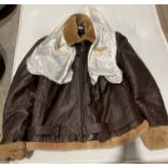 Brown leather and sheep skin effect pilot jacket (size L) with a white silk scarf embroidered with