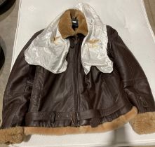 Brown leather and sheep skin effect pilot jacket (size L) with a white silk scarf embroidered with