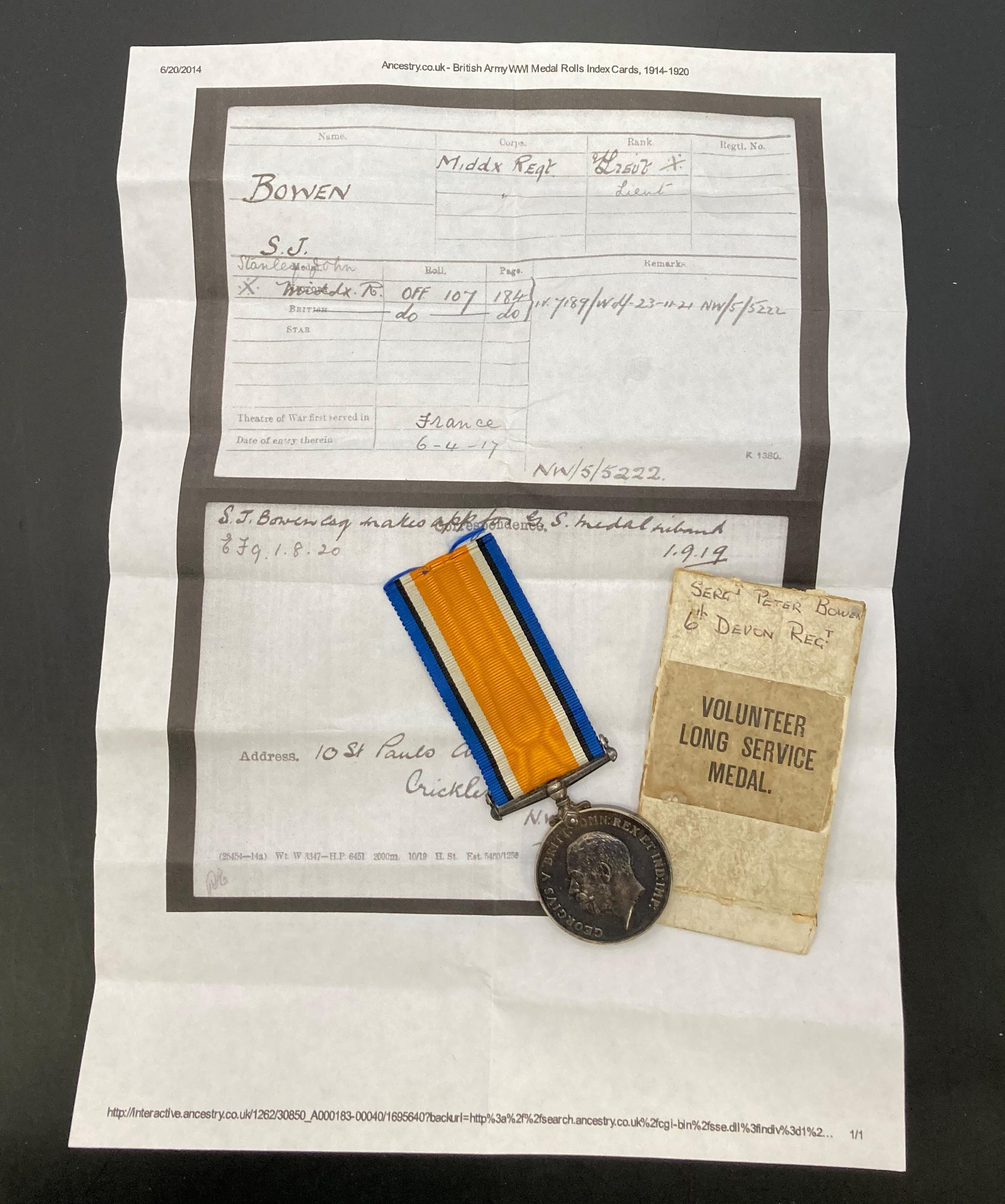 World War I War Medal complete with ribbon to 2 Lieut SJ Bowen (from Cricklewood, - Image 3 of 3