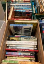 Contents to two boxes - approximately 35 assorted books on tanks, war machines, air warfare,