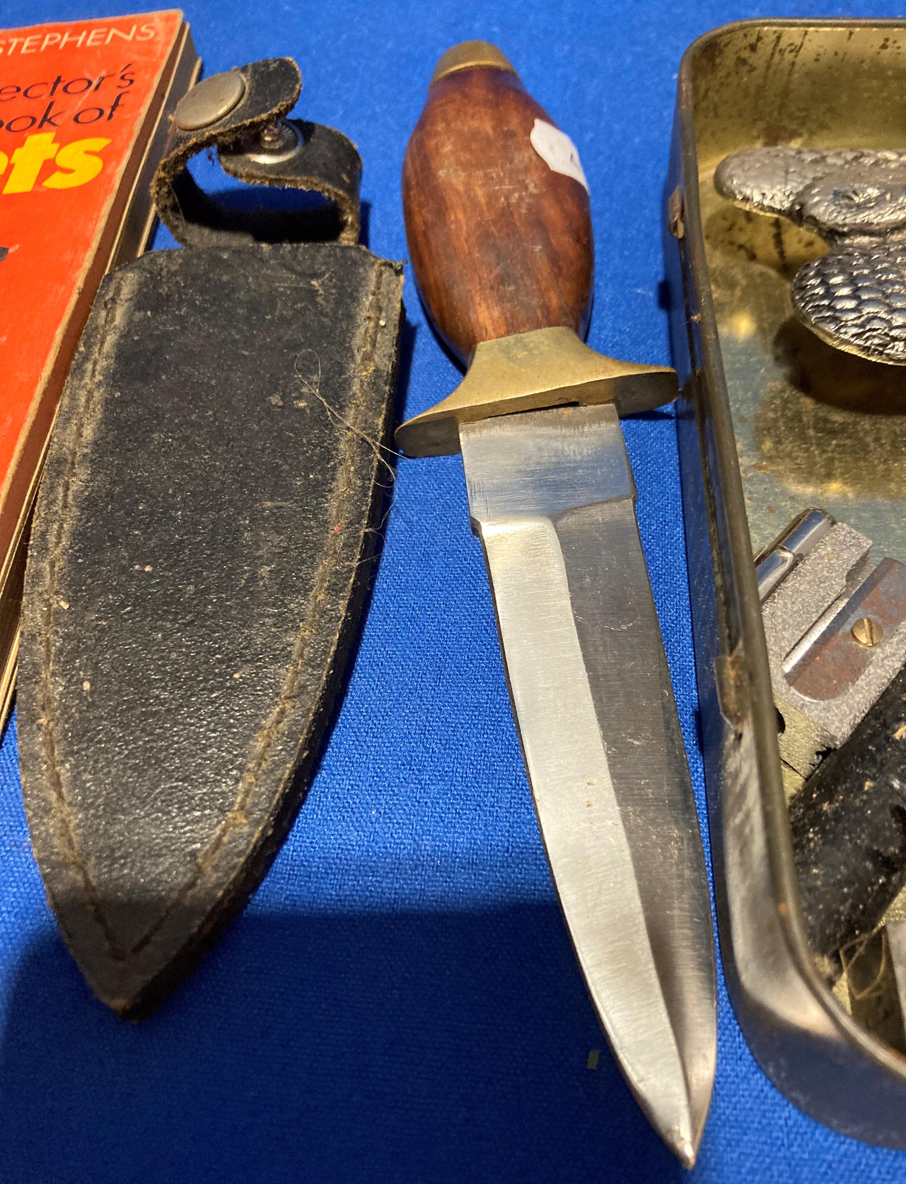A small knife with sheath, a tin containing a snake belt buckle by PK Walsall etc. - Image 3 of 3