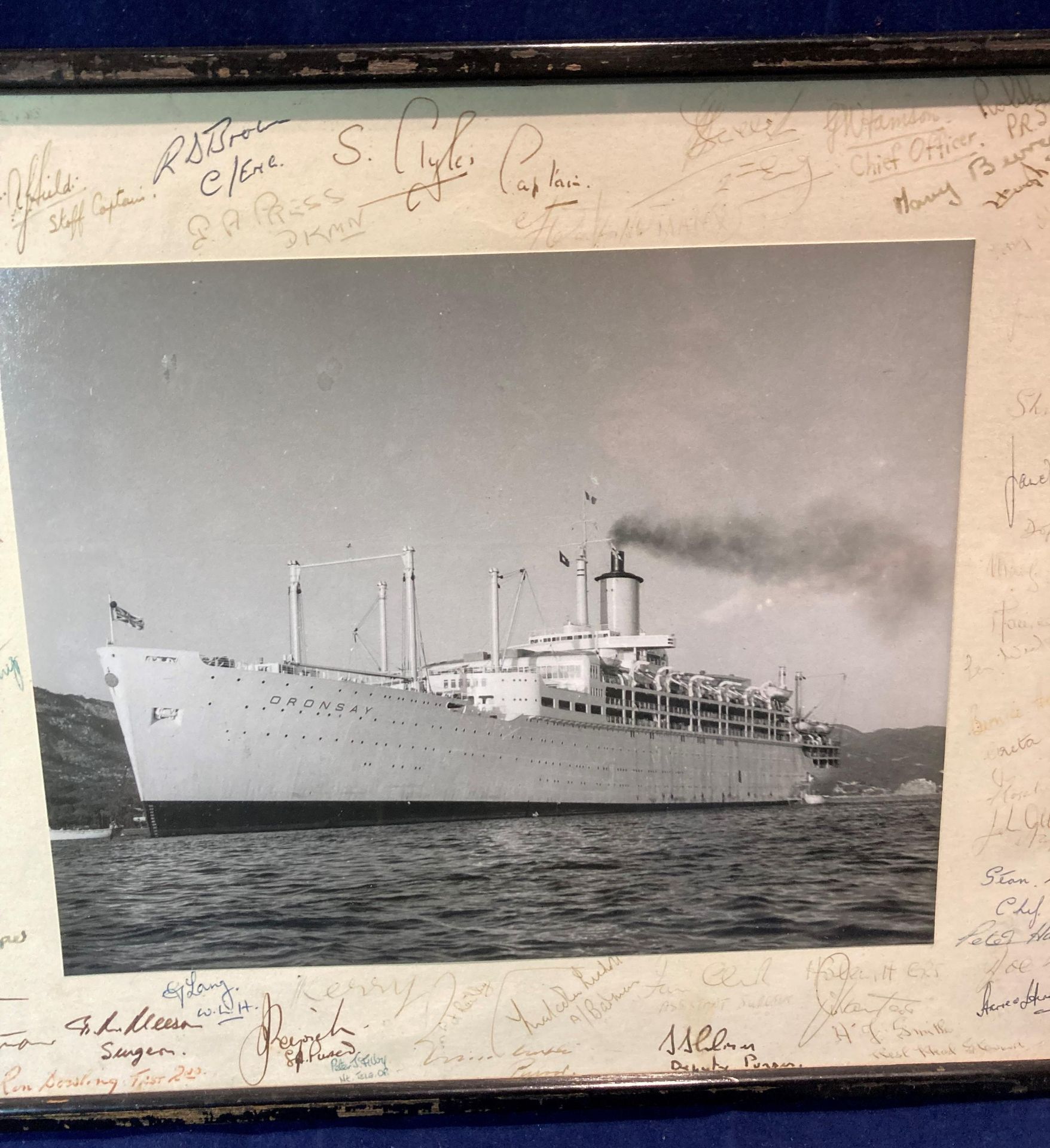 A framed photograph of the ship Oronsay with crew members signatures to the margin (Saleroom - Image 3 of 4