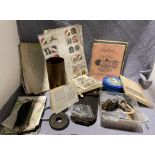 Box containing various bits of militaria including shell case, ephemera and maps, etc.