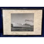 A framed photograph of the ship Oronsay with crew members signatures to the margin (Saleroom