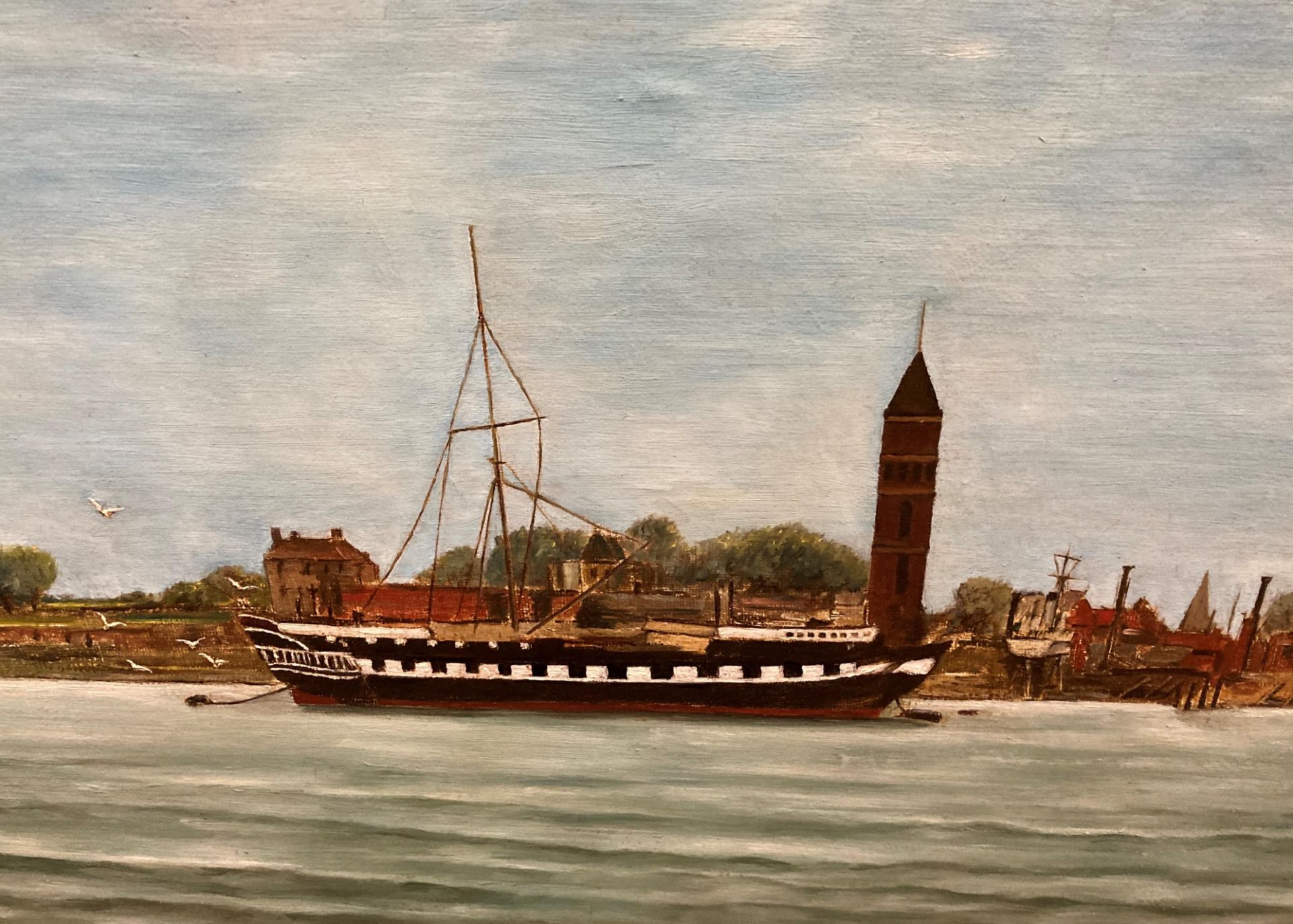 Foster oil on canvas 'HMS Foudroyant Anchored off Gosport' in ornate gilt frame (with damage) - Image 2 of 2