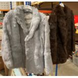 Two short fur coats in brown (size 12 - no make shown) and grey (no size shown - made in Korea)