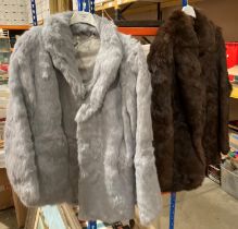 Two short fur coats in brown (size 12 - no make shown) and grey (no size shown - made in Korea)