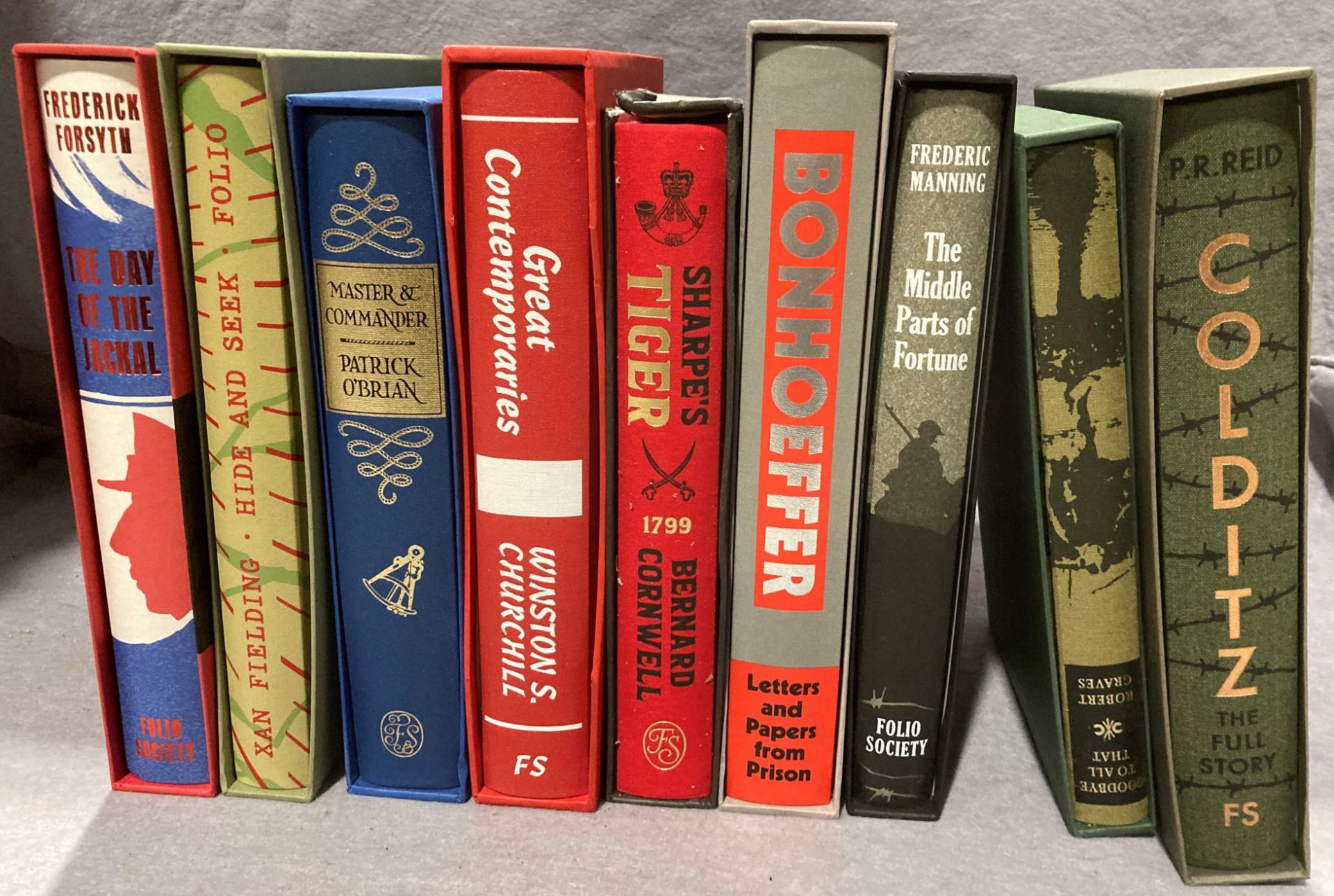 Folio Society - Nine books all in cases - PR Reid 'Colditz', Robert Graves 'Goodbye to all that',