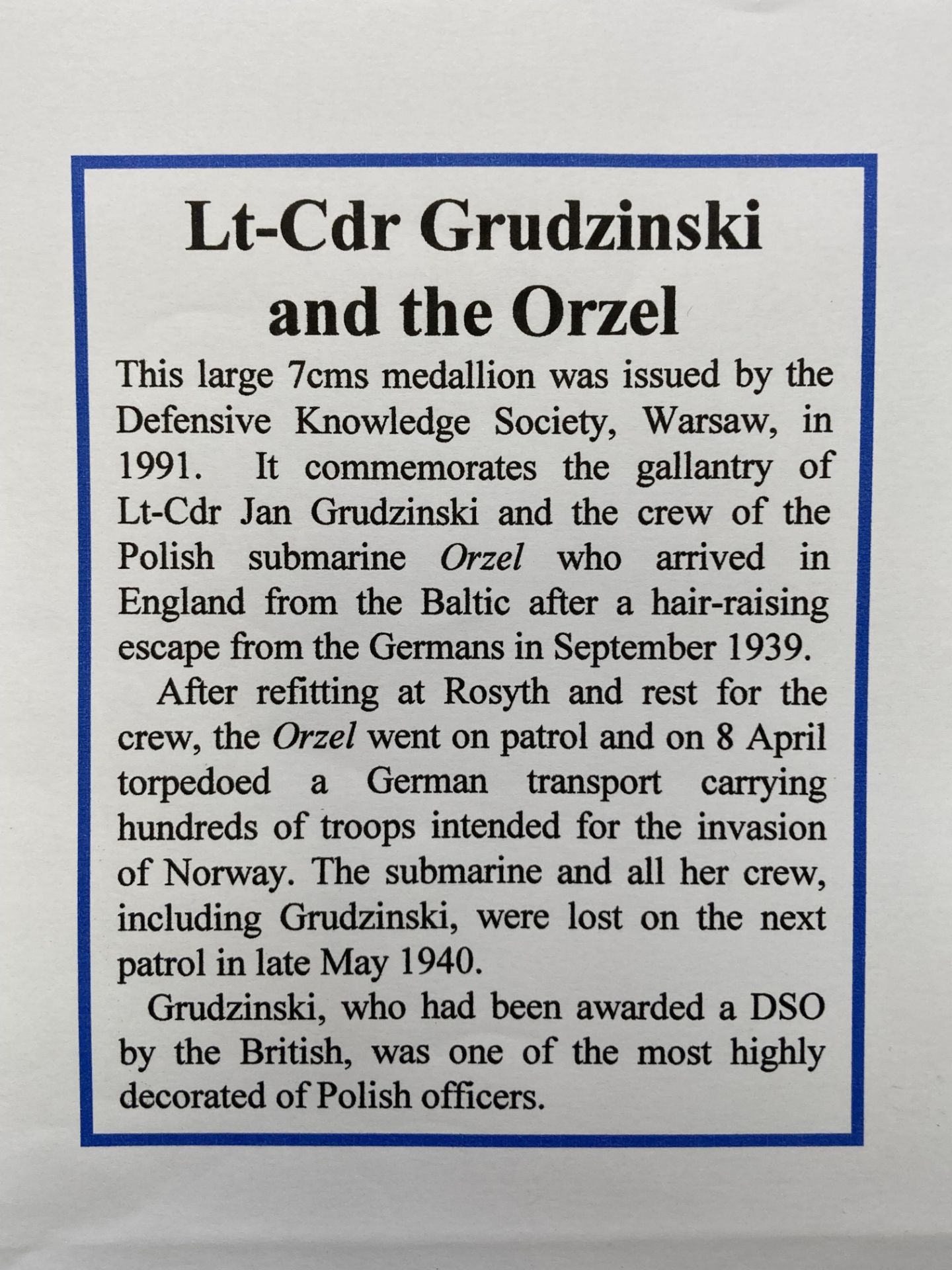 POLISH ORZEL SUBMARINERS MEDALLION. - Image 3 of 8