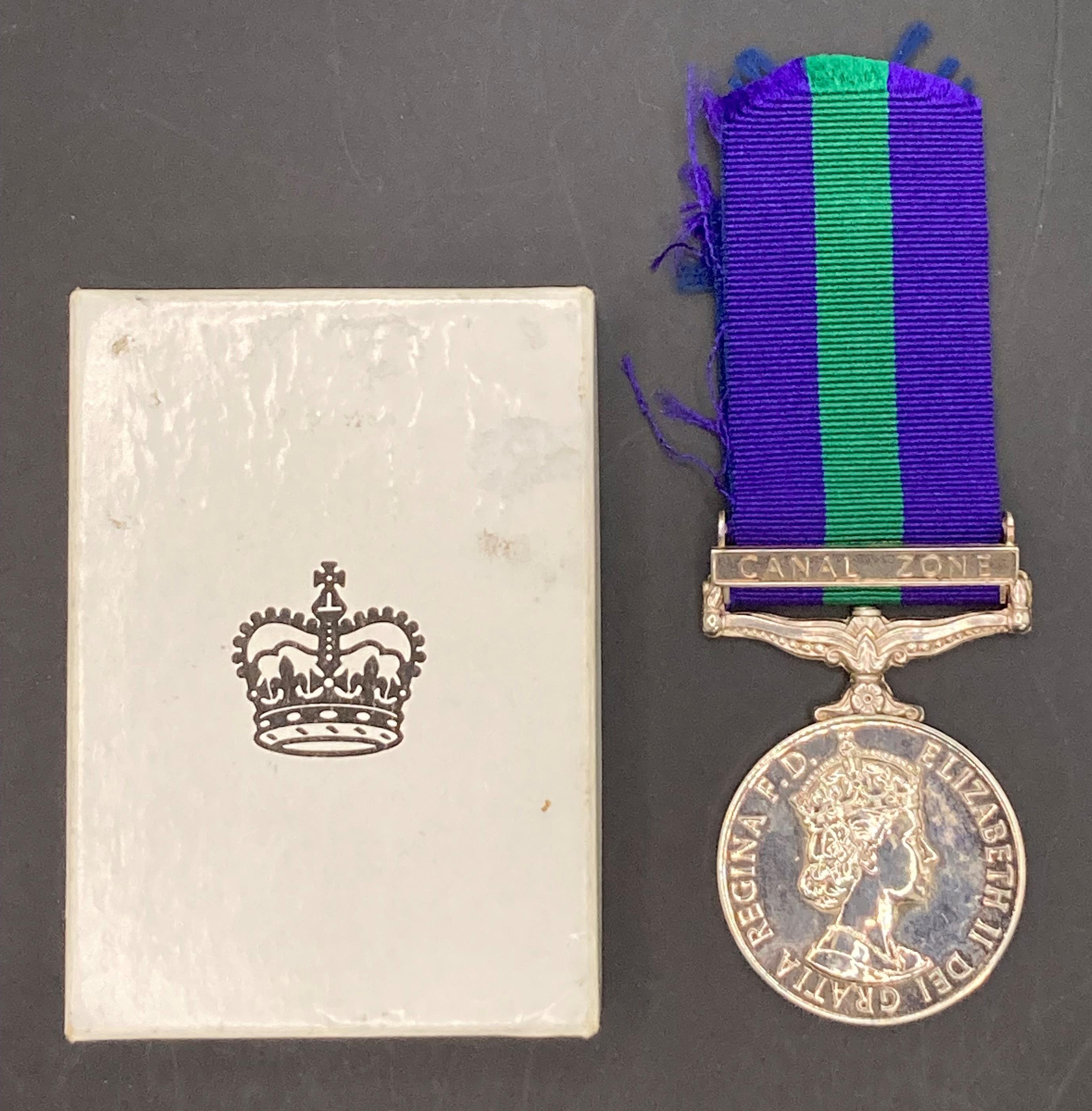 General Service Medal with Canal Zone clasp and ribbon in box of issue to 22991528 Spr PC Thorn RE