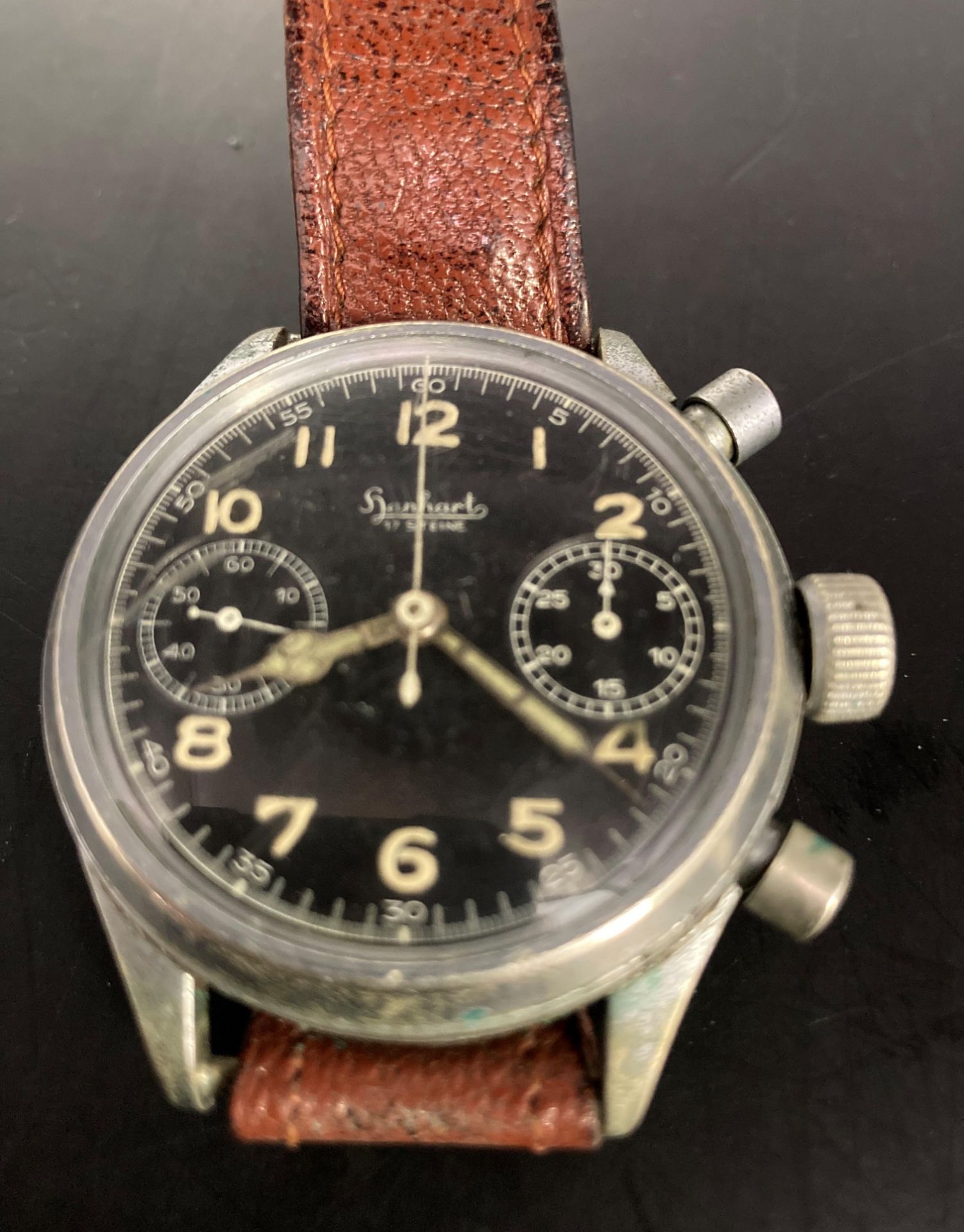 A Hanharts World War II Luftwaffe pilots chronograph with black face and brown leather strap - Image 4 of 10