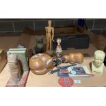 An LN Fowler reproduction phrenology head, articulated artist's model, model cats, three watches,