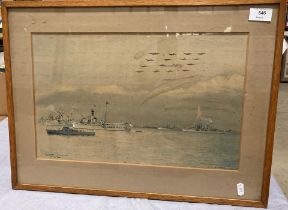 E Tufnell framed watercolour 'Naval Review June 15th 1953 Spithead - The Fly Past' 27 x 42cm (some