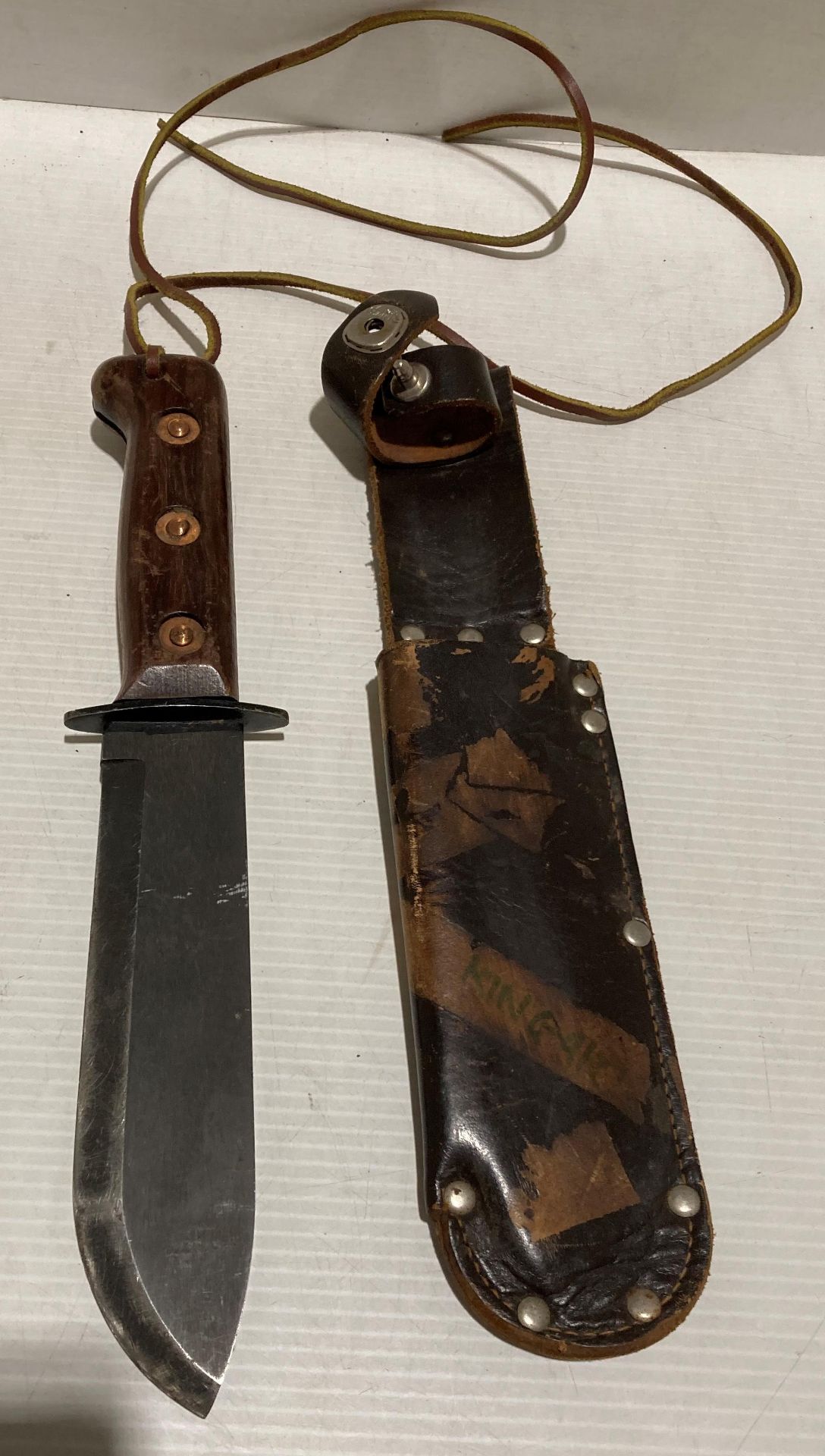 British Military type 'D' survival knife with leather sheath and stamped to wooden handle, - Image 3 of 5
