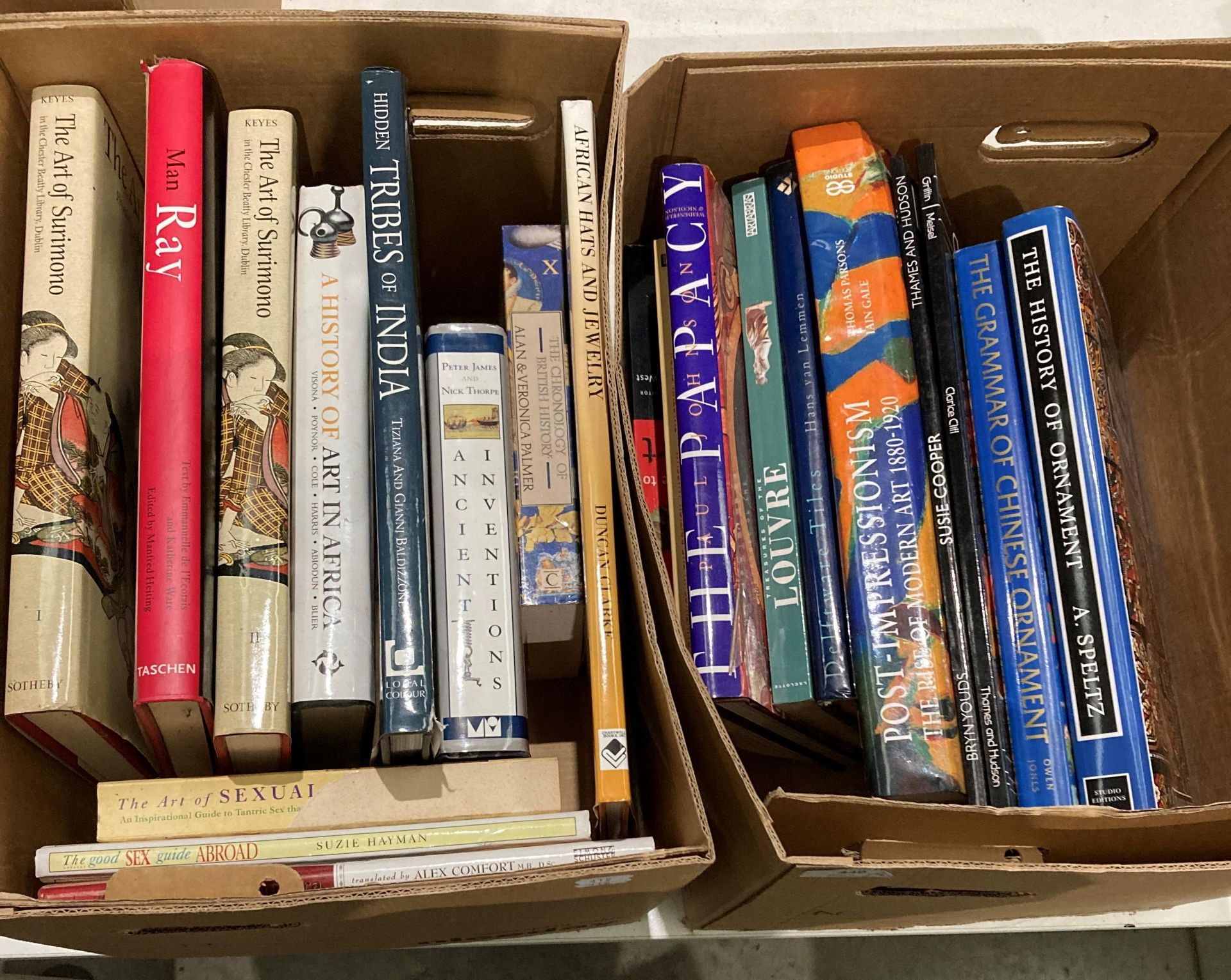 Contents to two boxes of books - approximately 21 assorted books on art, inventions, ornaments,