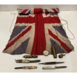 Nine assorted items including vintage Union Jack flag (50 x 80cm), four assorted pen/pocket knives,