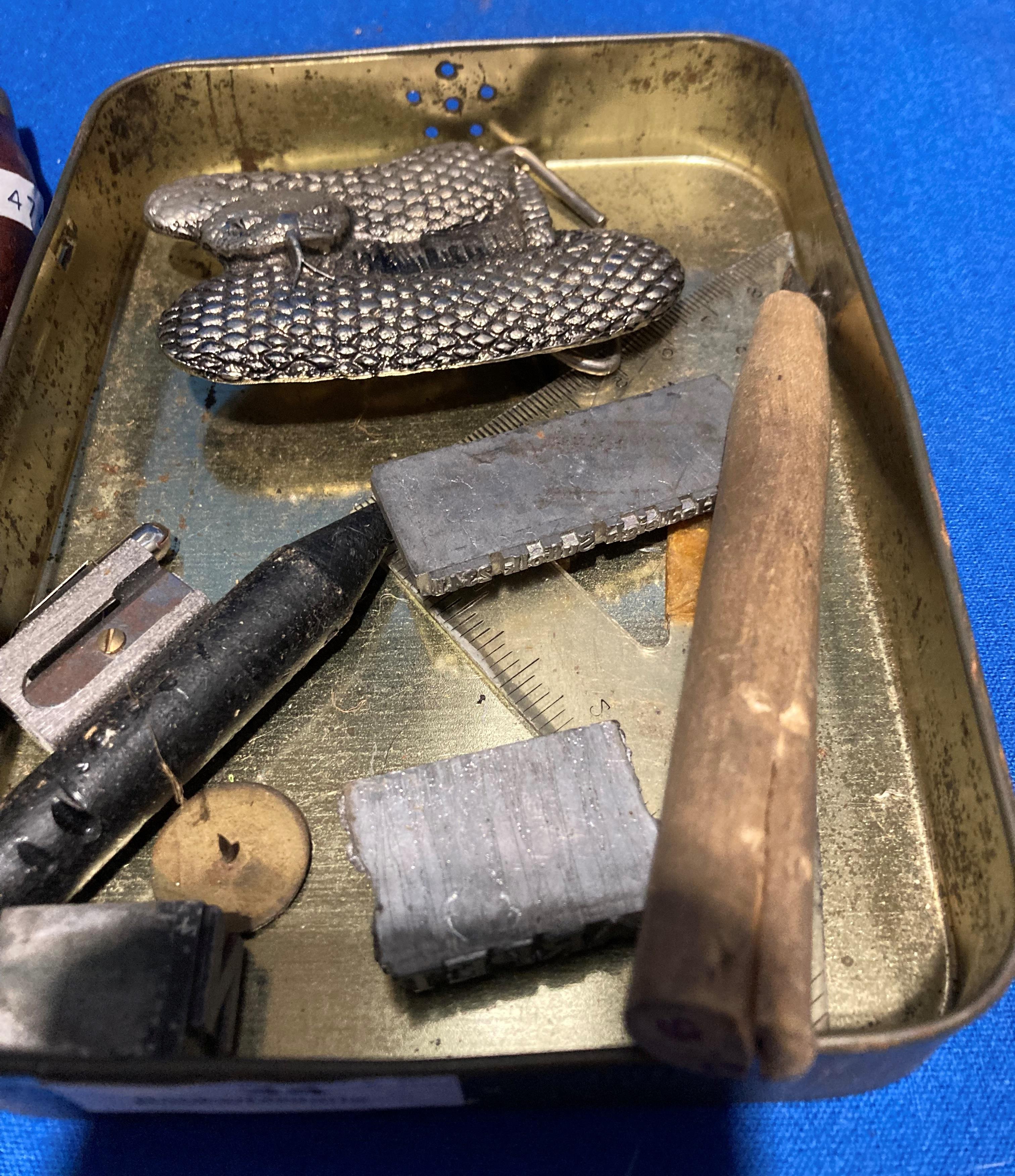 A small knife with sheath, a tin containing a snake belt buckle by PK Walsall etc. - Image 2 of 3