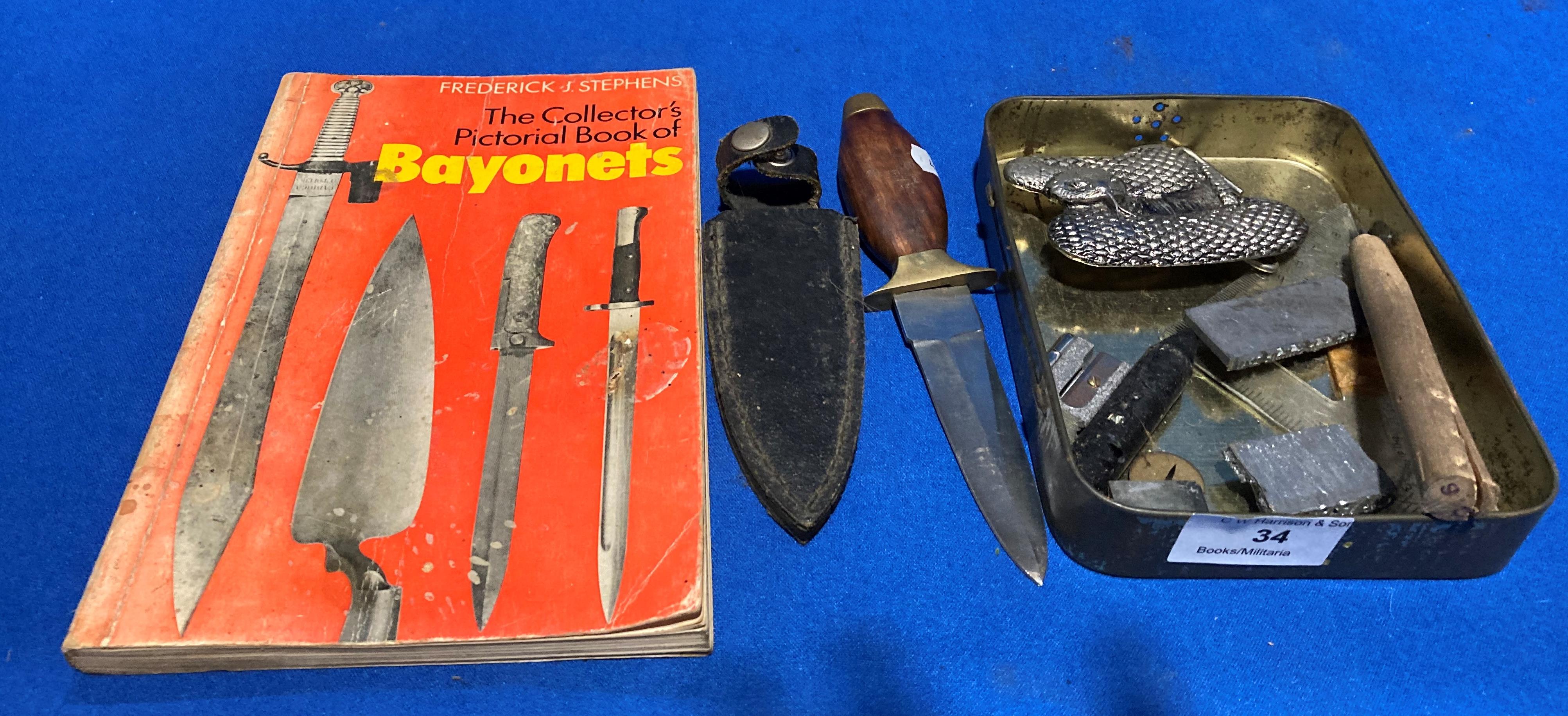 A small knife with sheath, a tin containing a snake belt buckle by PK Walsall etc.