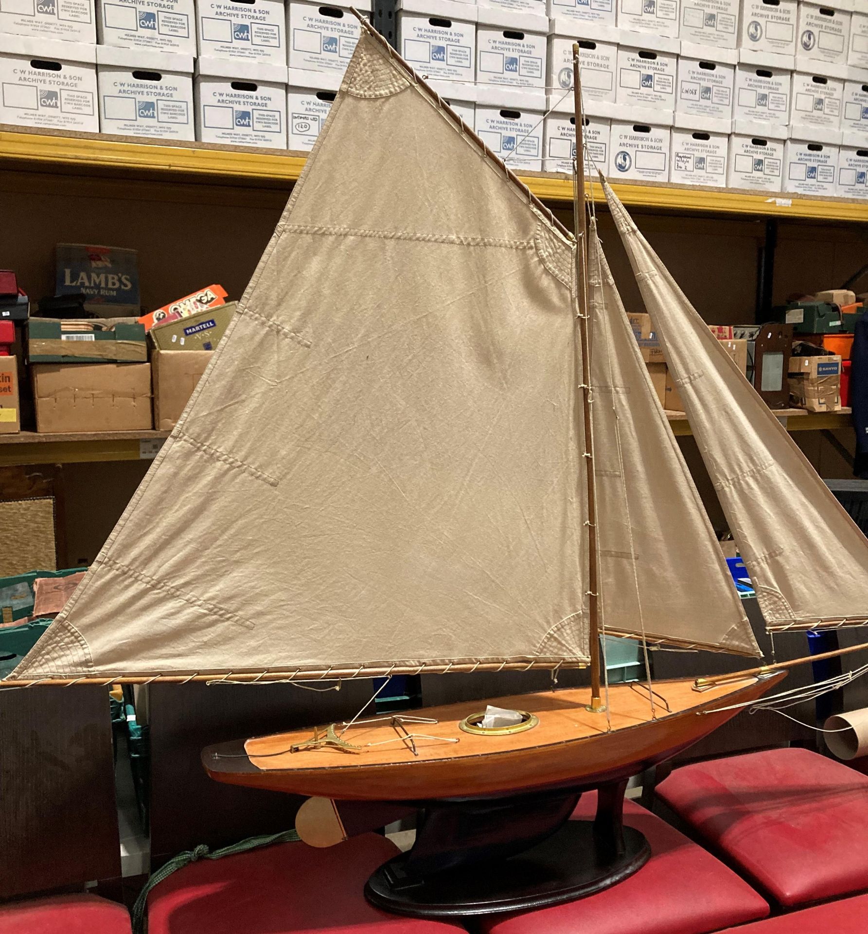 A large handmade pond yacht with three sails on a mahogany stand, hull size 90cm, - Image 3 of 6