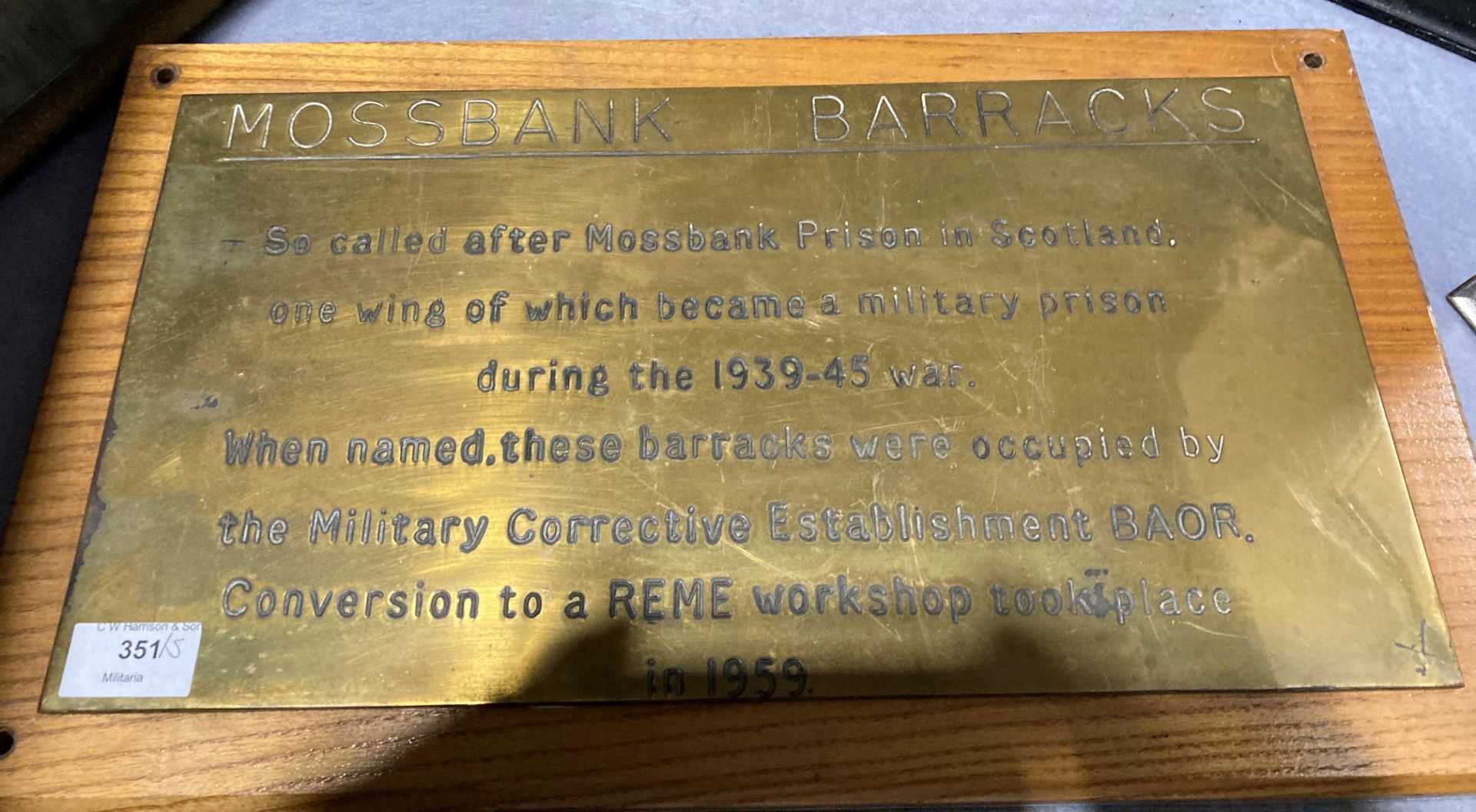 Brass plate on wood mount for Mossbank Barracks in Scotland, - Image 2 of 2