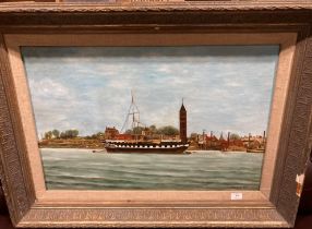 Foster oil on canvas 'HMS Foudroyant Anchored off Gosport' in ornate gilt frame (with damage)