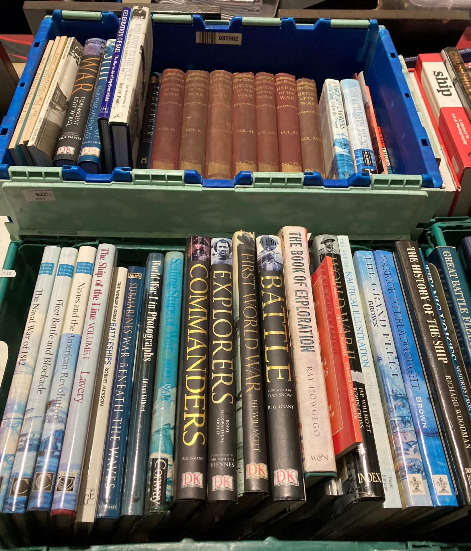 Contents to two green plastic crates - 42 books related to exploration, warfare etc.
