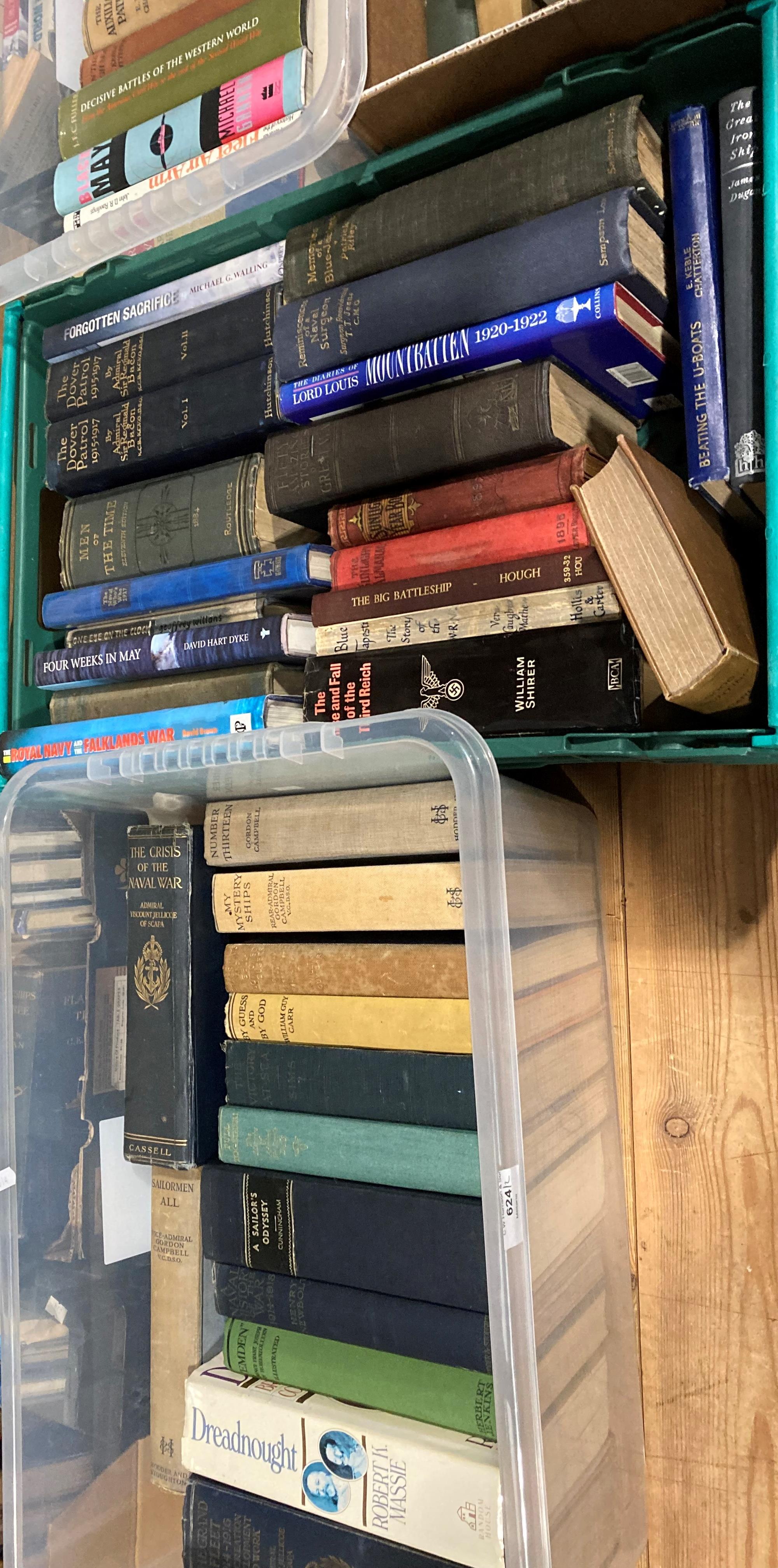 Contents to a clear green plastic crate - 35 books mainly maritime and naval related including