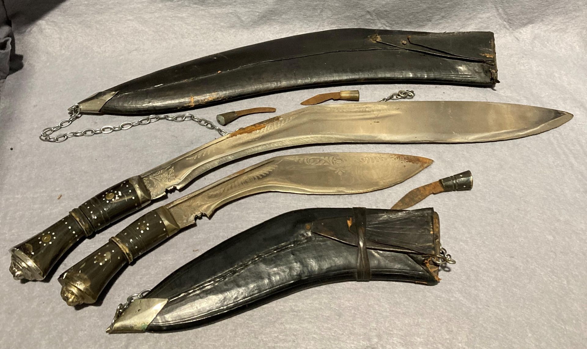 Two assorted sized Kukri knives with lions head and horn handles, - Image 3 of 5