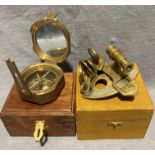 Vintage Stanley London brass natural sine nautical compass and a brass nautical hand-held sextant