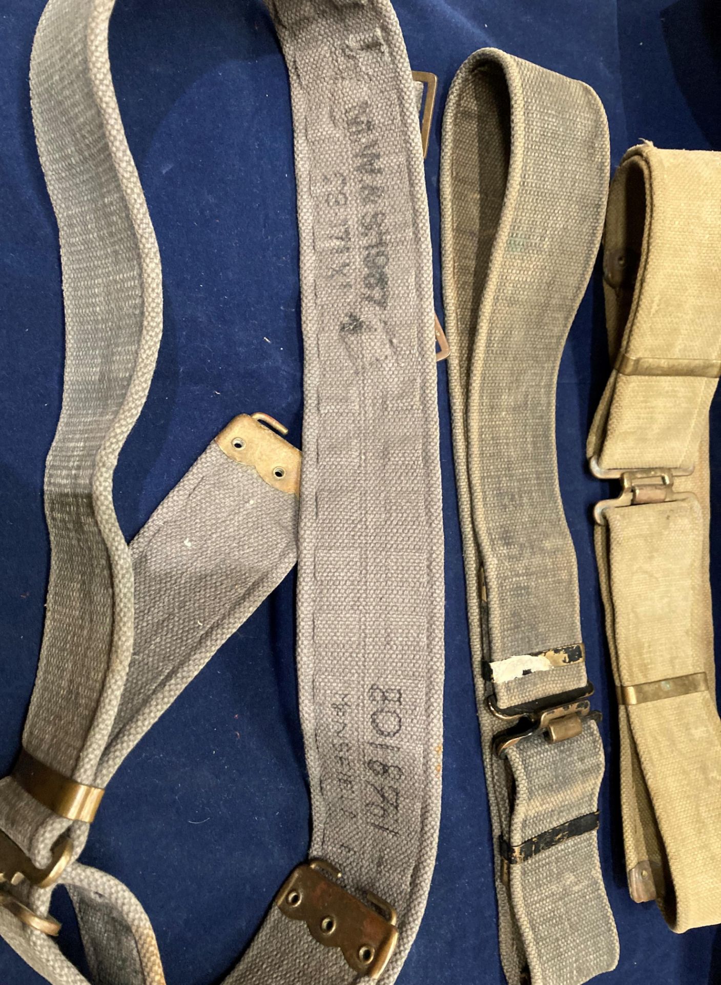 Two World War II British Army 37 pattern belts (one khaki and one grey) and a belt/utility strap - Image 3 of 3