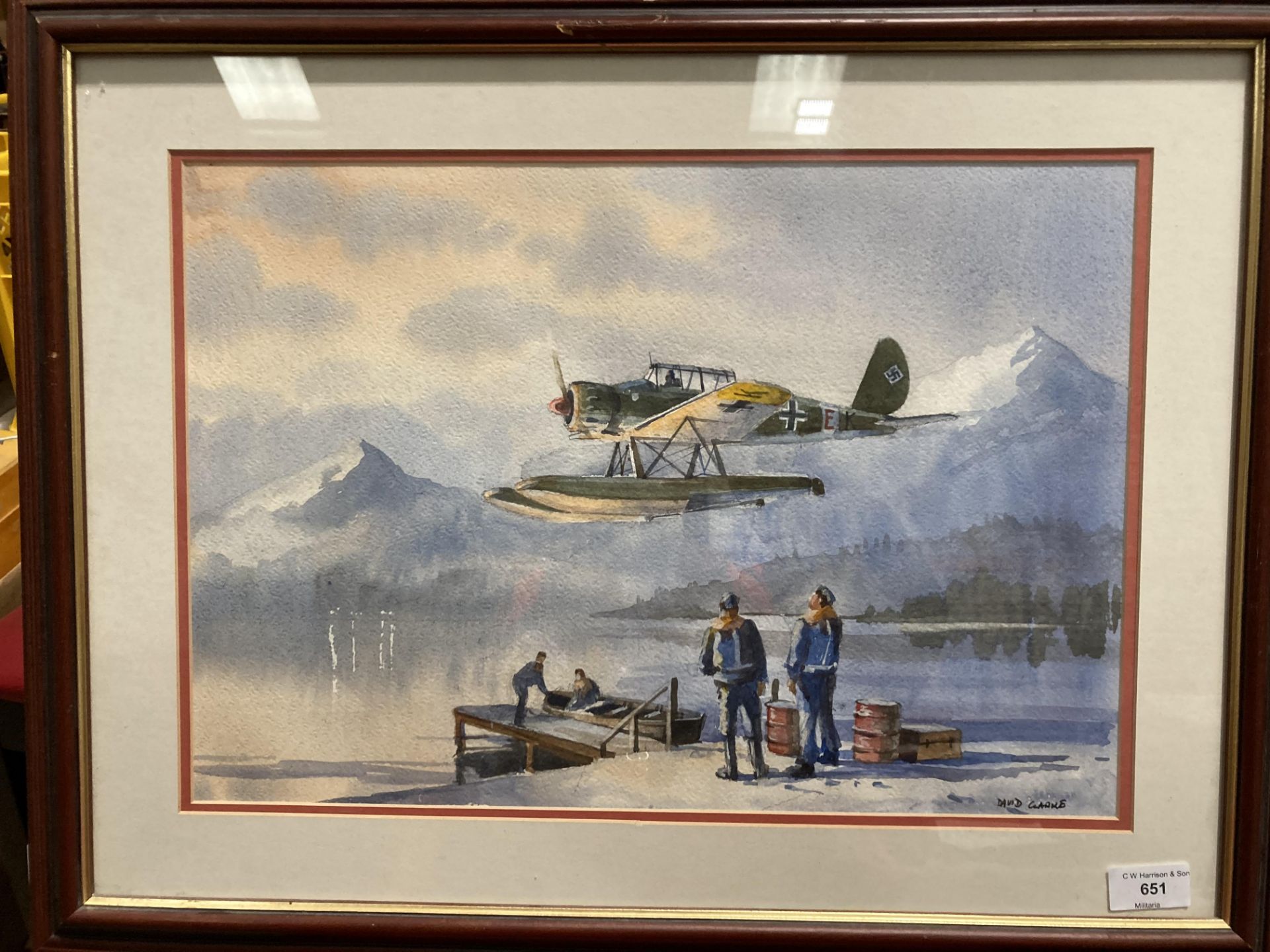 David Clarke, framed watercolour, 2nd World War German flying boat landing on a fiord,