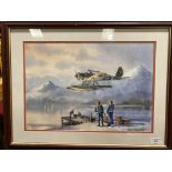 David Clarke, framed watercolour, 2nd World War German flying boat landing on a fiord,