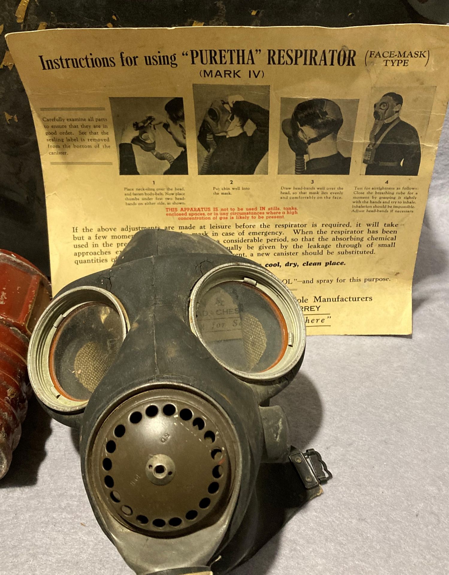 A vintage Puretha Mark IV respirator face mask (missing straps) in case with designed instructions, - Image 2 of 3