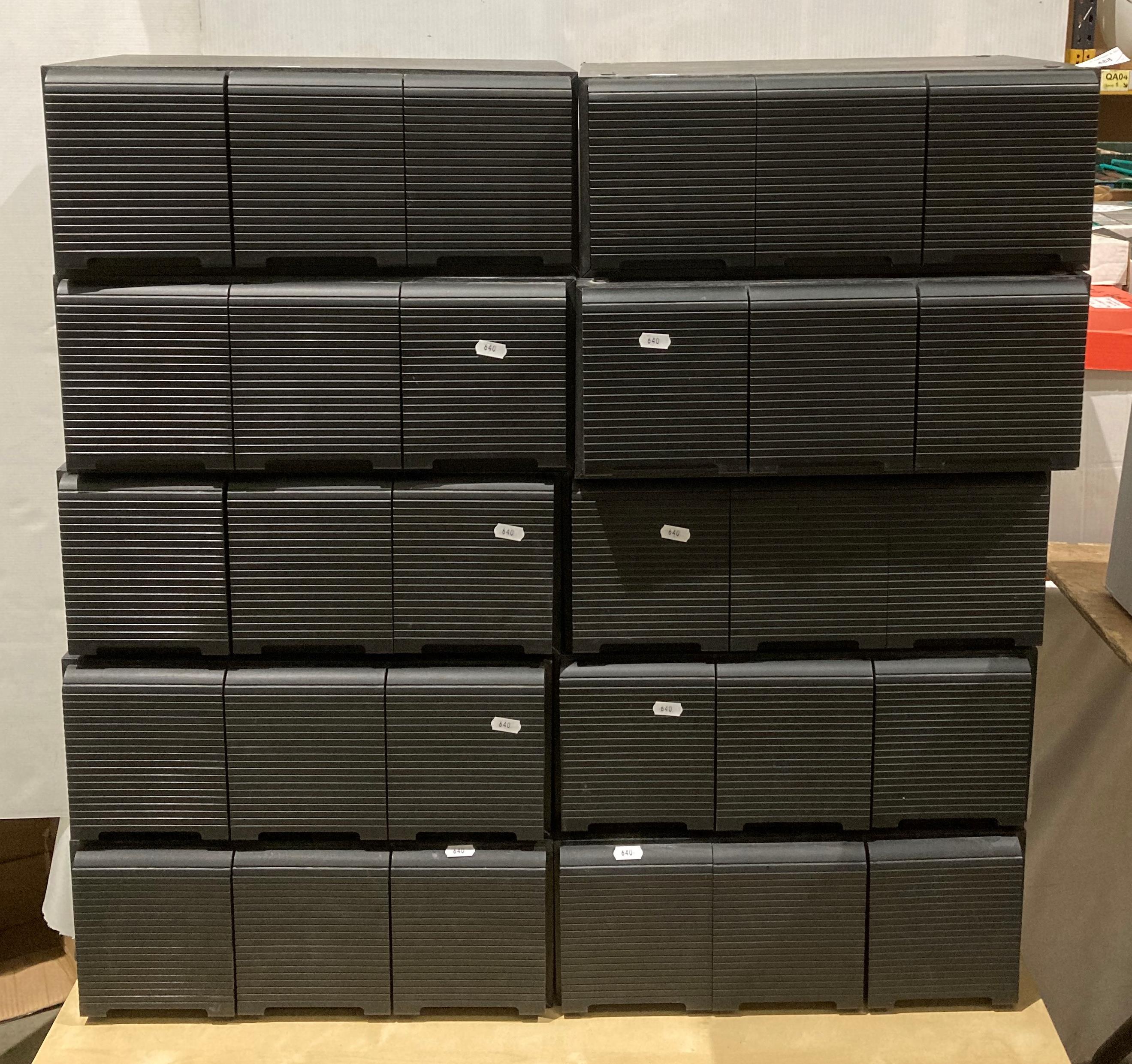 Ten black wood-finish 60-slot three-drawer CD storage units,