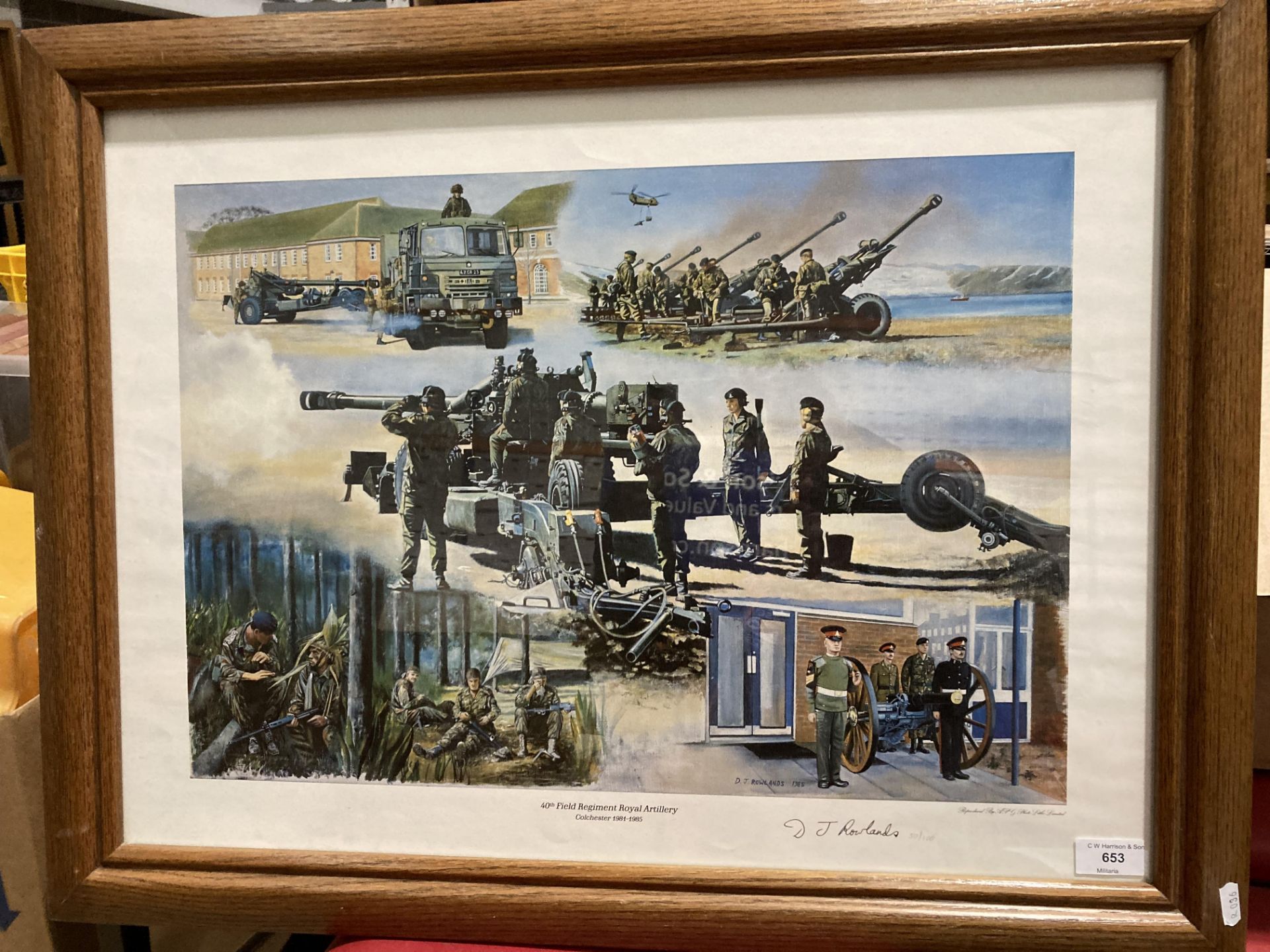 D J Rowlands 1985 framed limited edition print '40th Field Regiment Royal Artillery - Colchester