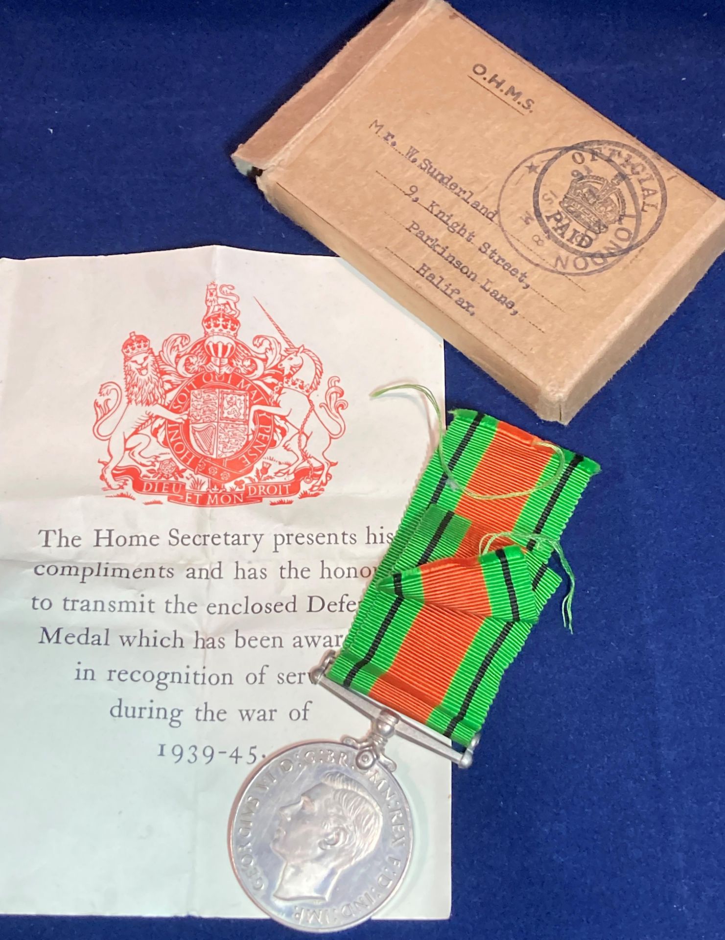 1939-1945 Defence Medal with ribbon in box to W Sunderland, - Image 3 of 6