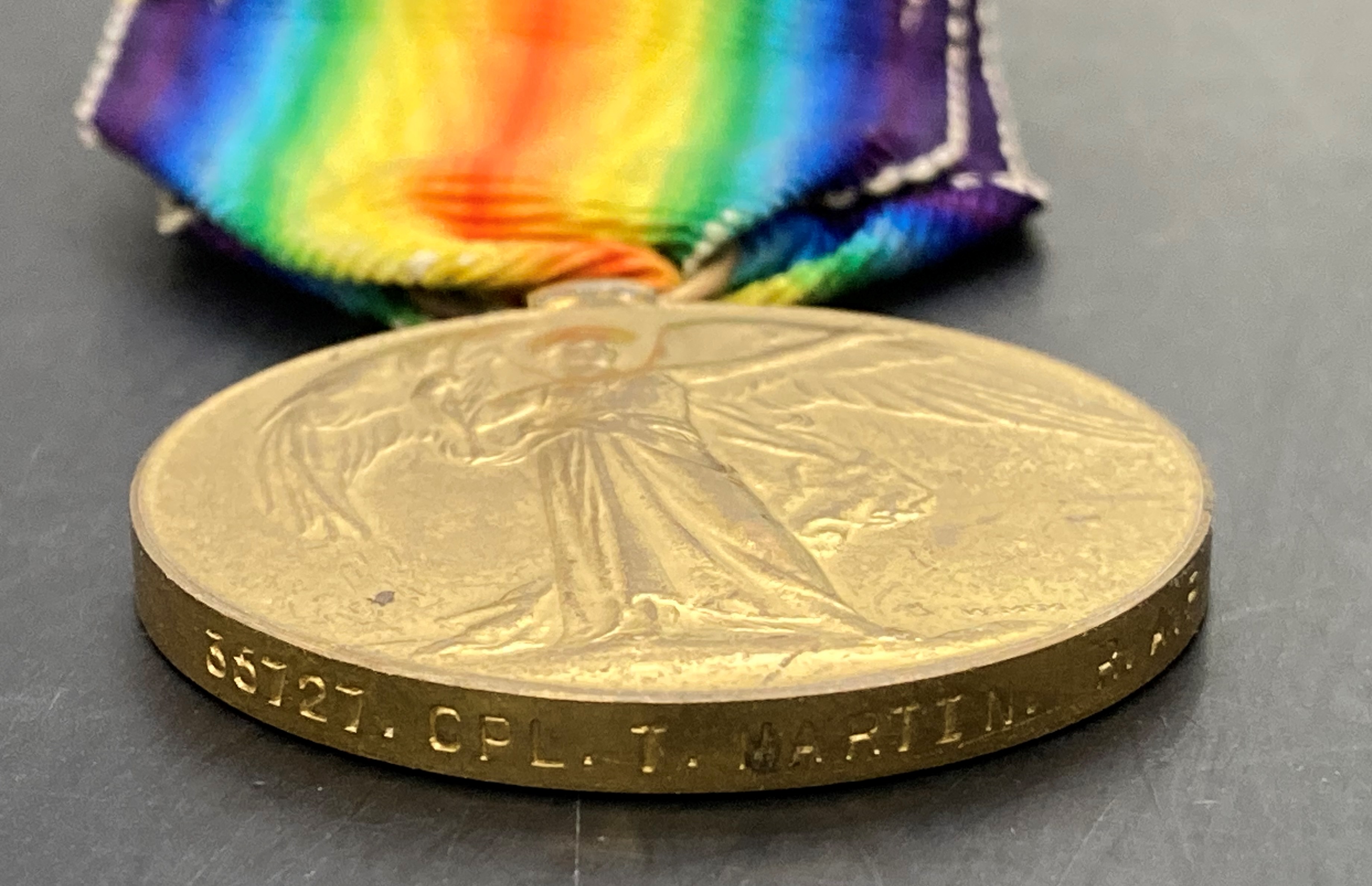 Two First World War medals - War and Victory Medals complete with ribbons to 35727 Cpl T Martin RAF - Image 3 of 3