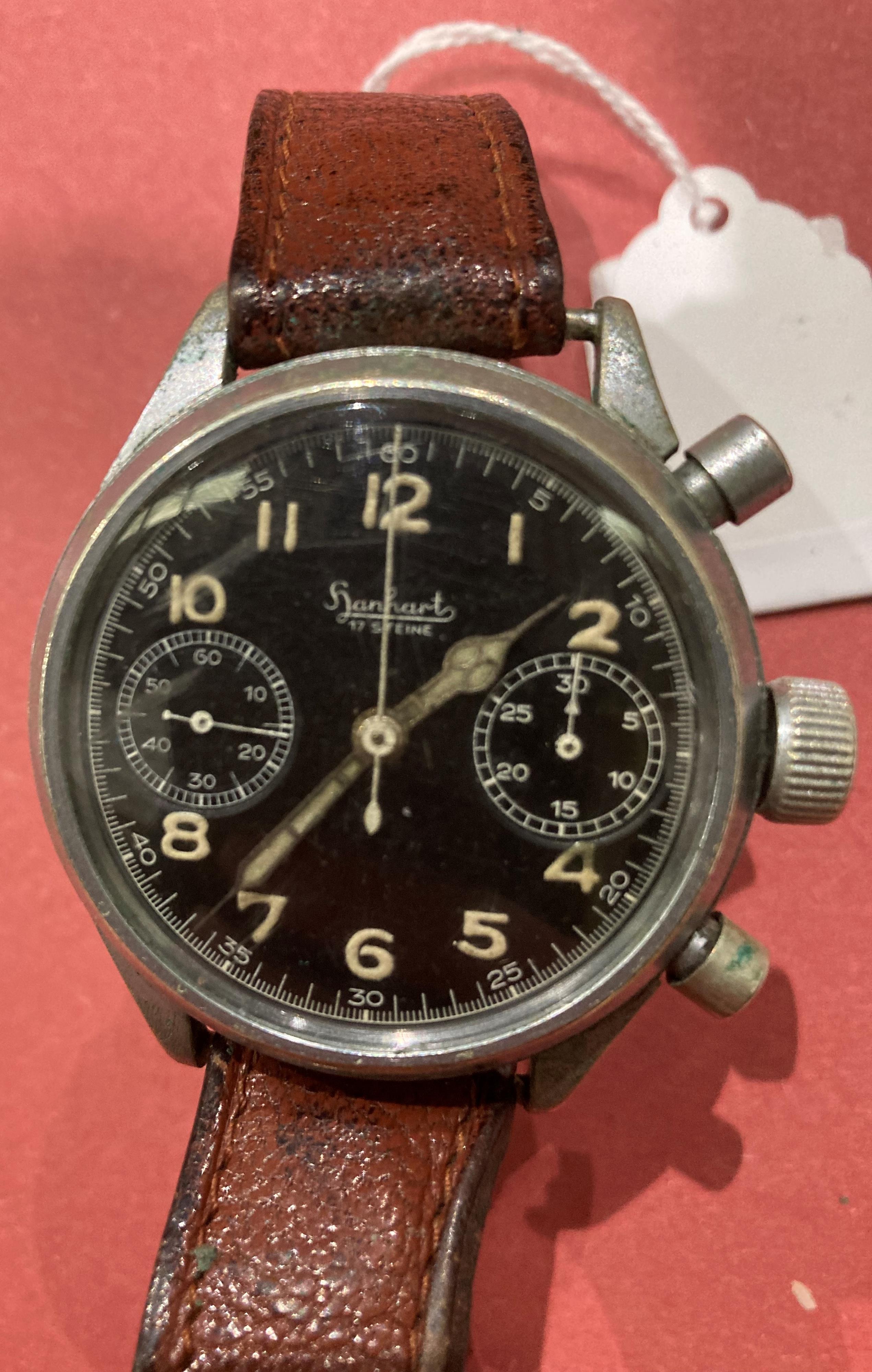 A Hanharts World War II Luftwaffe pilots chronograph with black face and brown leather strap - Image 6 of 10