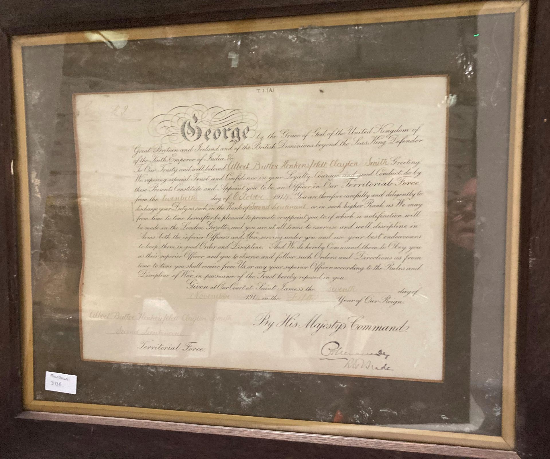 An oak framed commendation to Second Lieutenant Albert Butler Henkensfield Clayton-Smith - Image 2 of 2