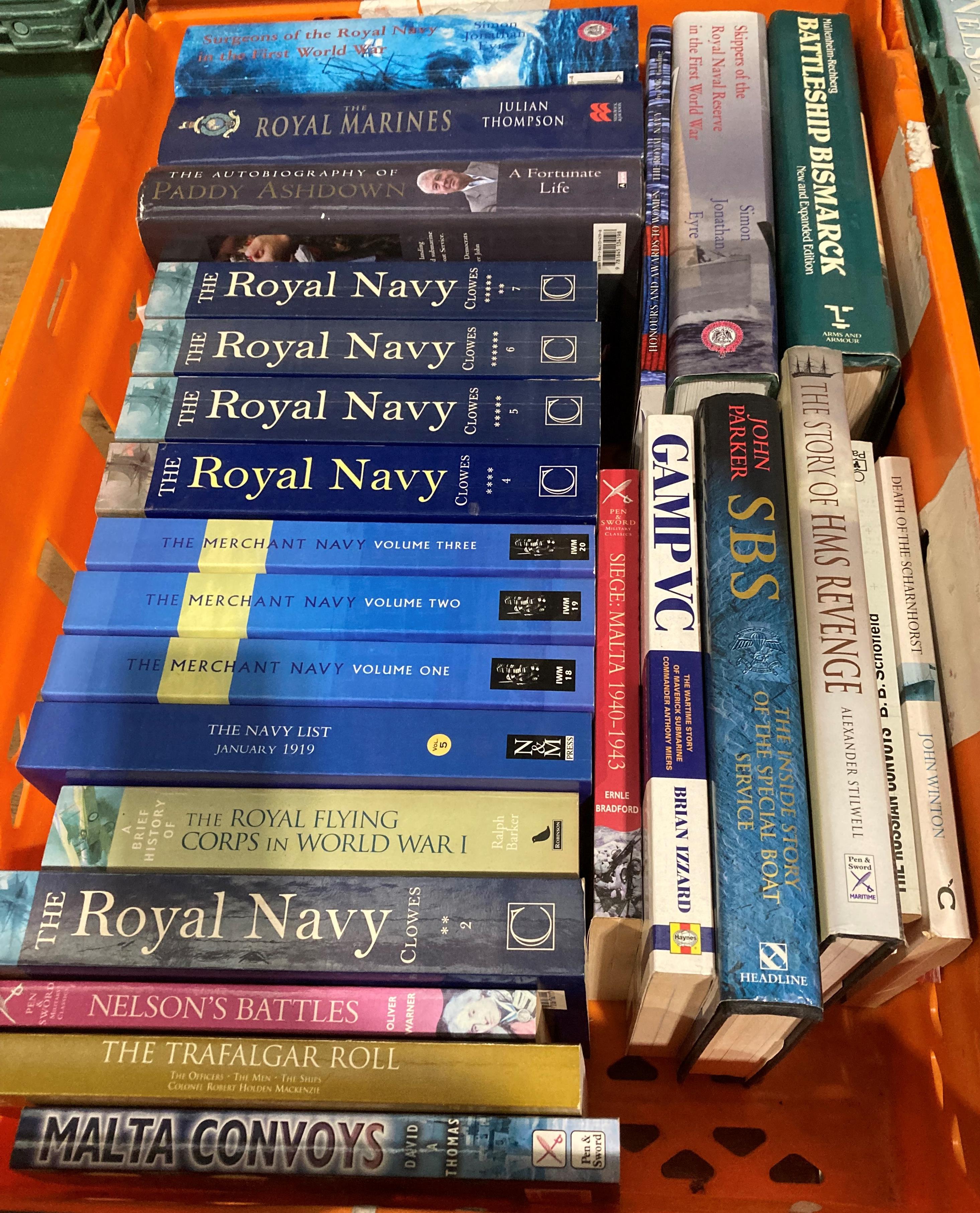 Contents to orange and green plastic crates - 47 books mainly maritime and naval related including - Image 2 of 3