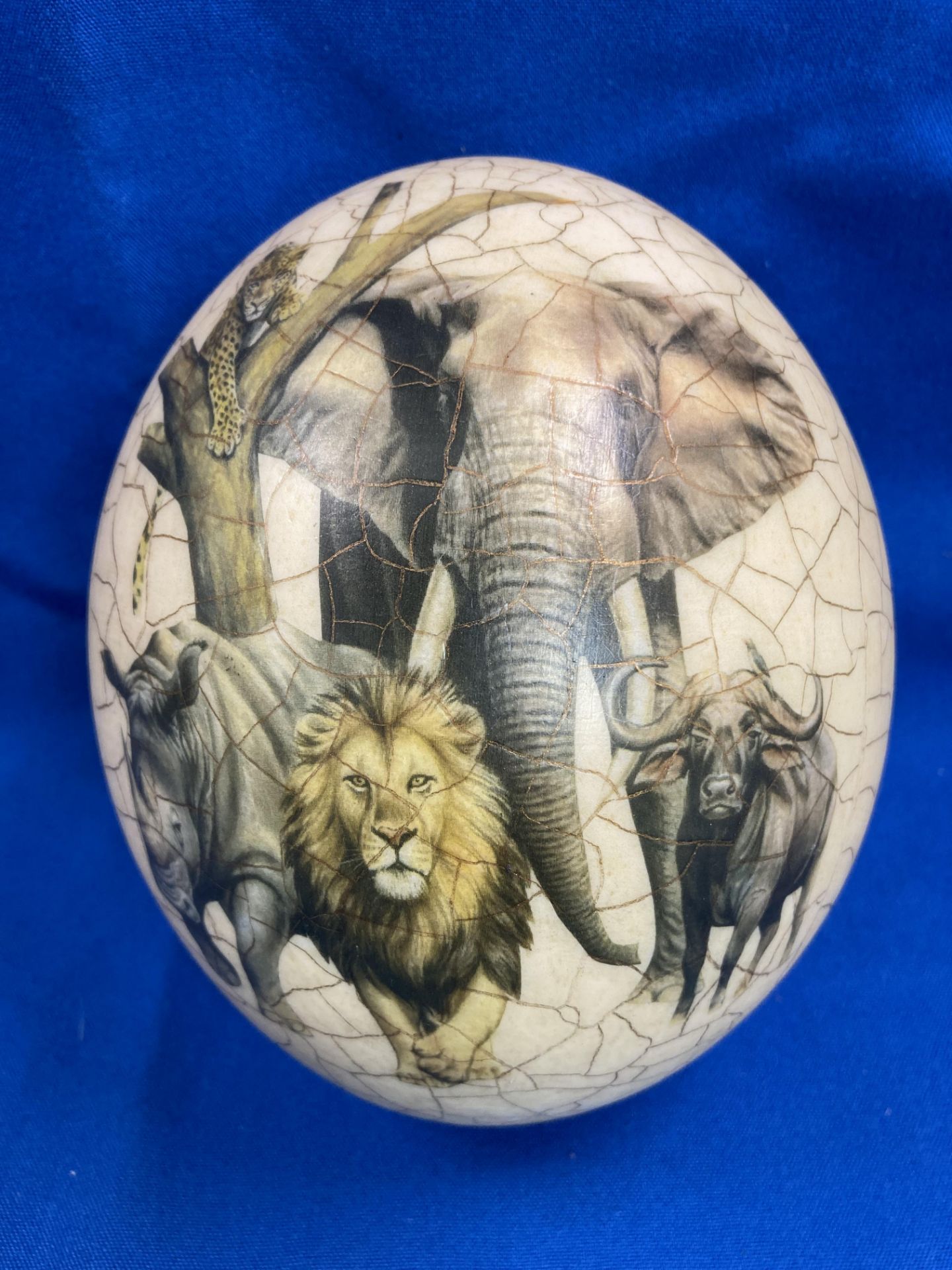 A decorated ostrich egg with World Map and Africa animal scene (approximately 16cm high) with a - Image 8 of 11
