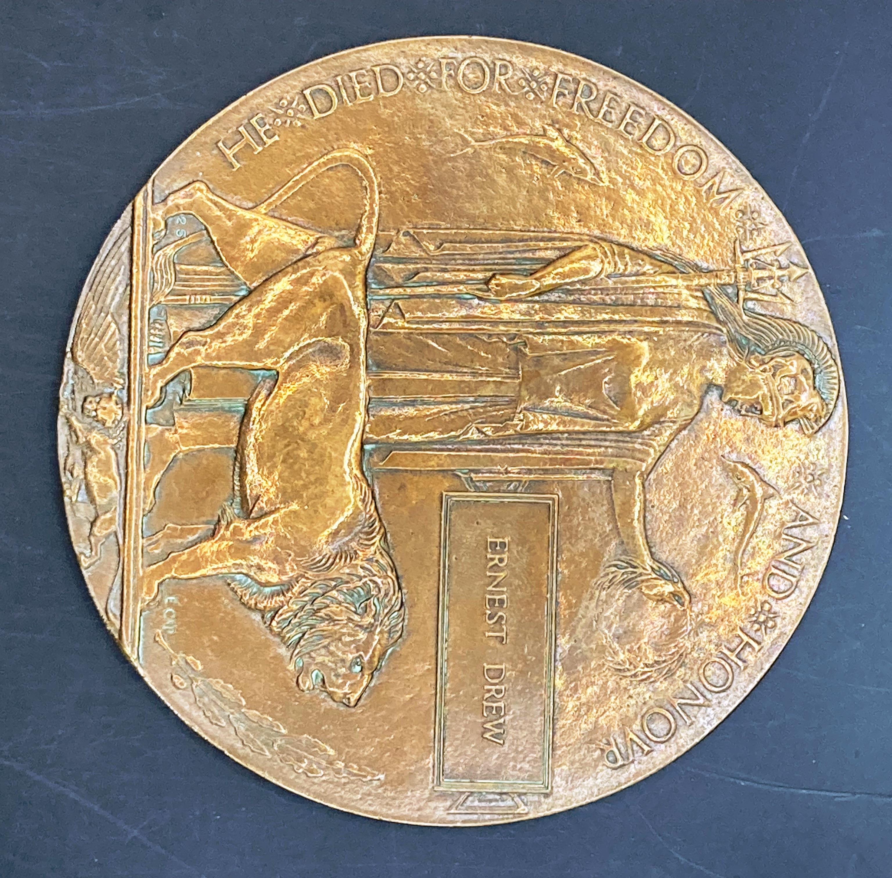 Ernest Drew World War I bronze memorial plaque 12cm diameter (Saleroom location: S3 GC4)