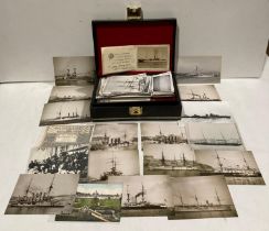 Leatherette box containing numerous ships photos, cards etc.
