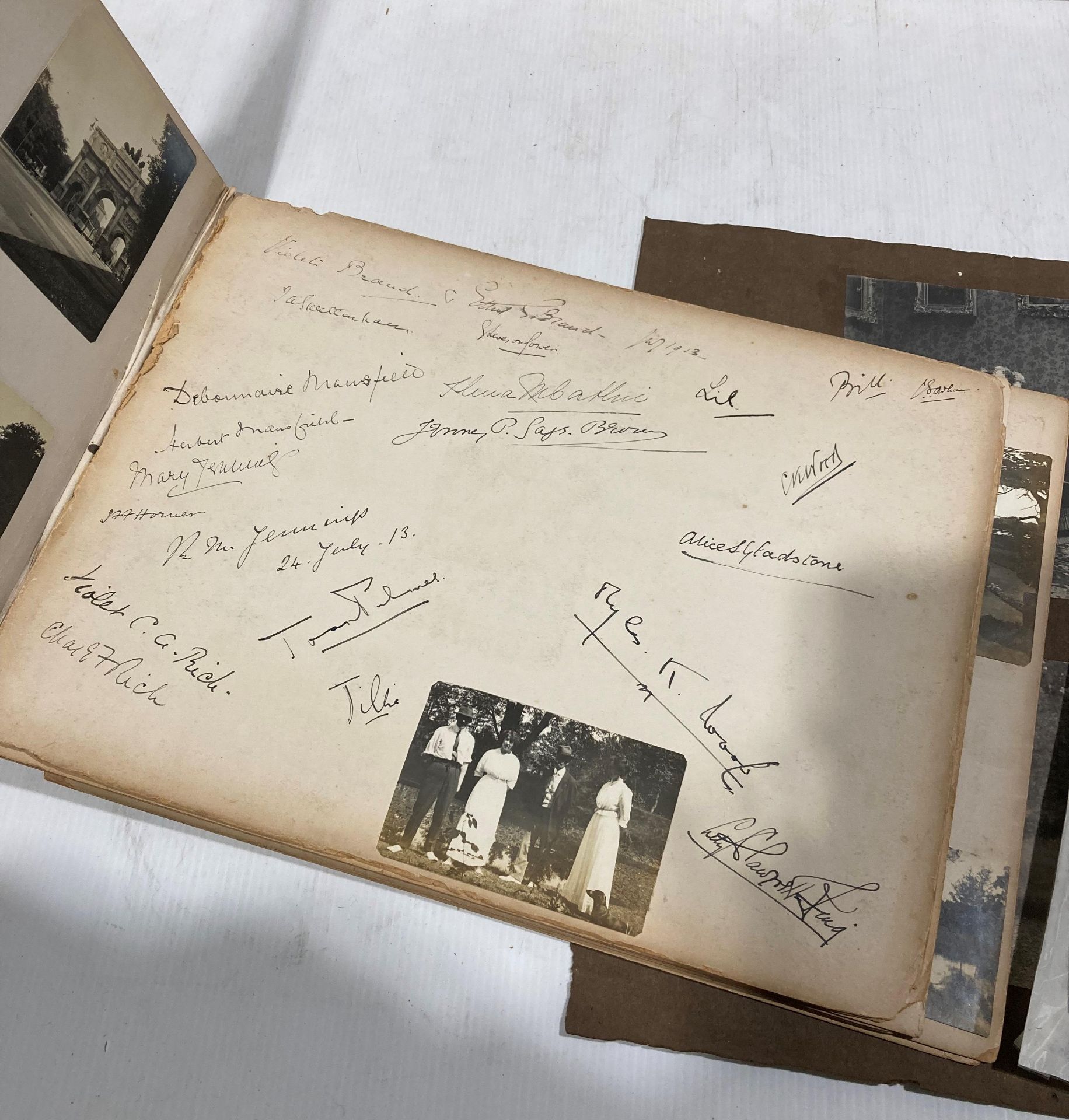 A large distressed photograph album of Naval interest with many autographs included. - Image 6 of 10