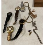 Contents to Manikin Cigar box - assorted jewellery and watches including 9ct gold [375] belcher