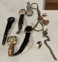 Contents to Manikin Cigar box - assorted jewellery and watches including 9ct gold [375] belcher