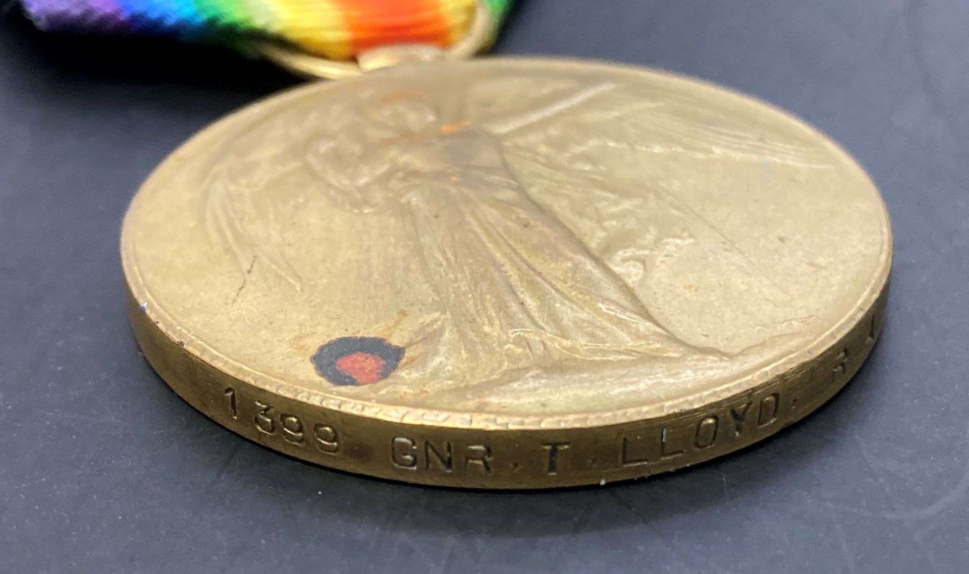 Three First World War Victory medals with ribbons to 1399 Gnr T Lloyd RA, - Image 2 of 4