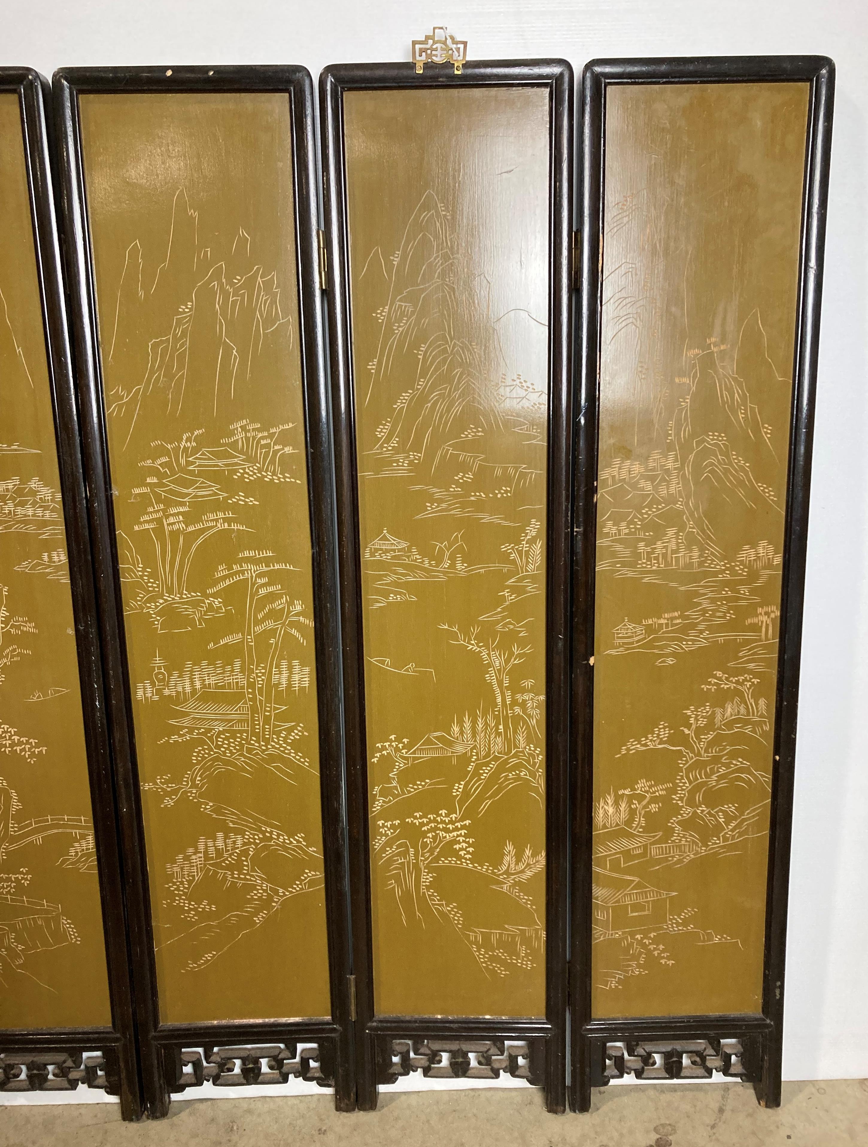 A Mid-Century Oriental six-panel folding screen with soap stone display to each panel and etching - Image 12 of 13