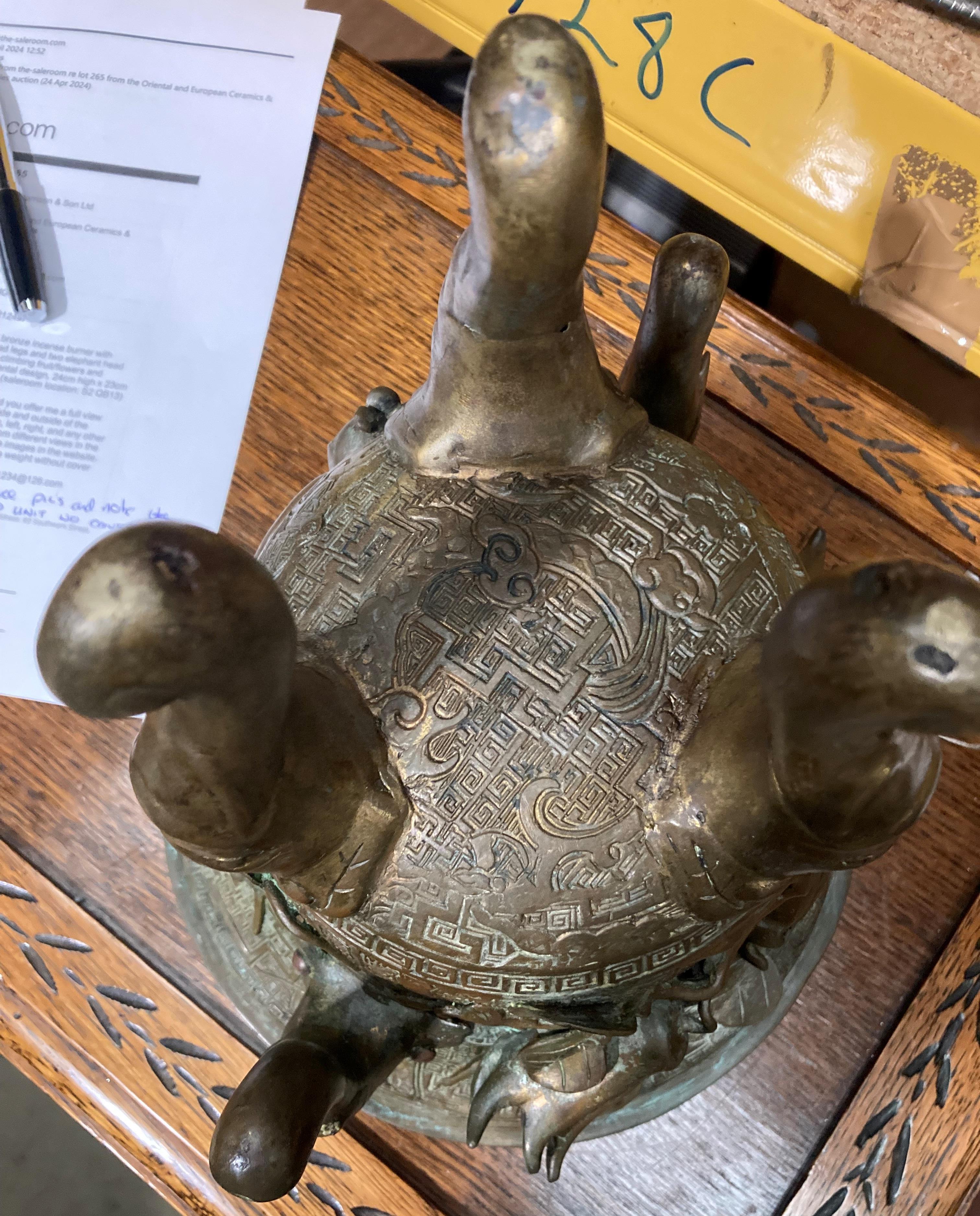 An Oriental bronze incense burner with elephant head legs and two elephant head handles with - Image 18 of 21